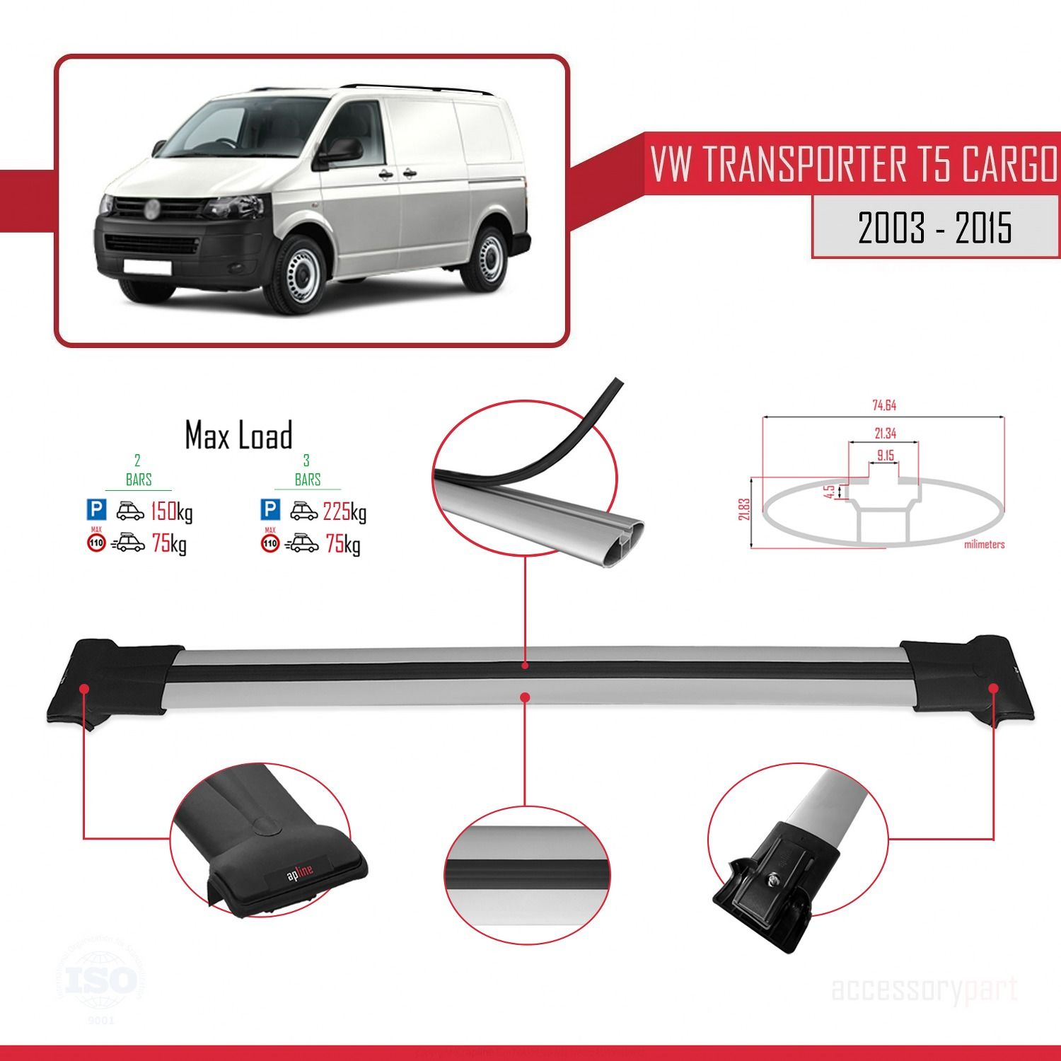 Volkswagen (T5) 2003-2015 Arası ile uyumlu FLY Model Ara Atkı Tavan Barı GRİ