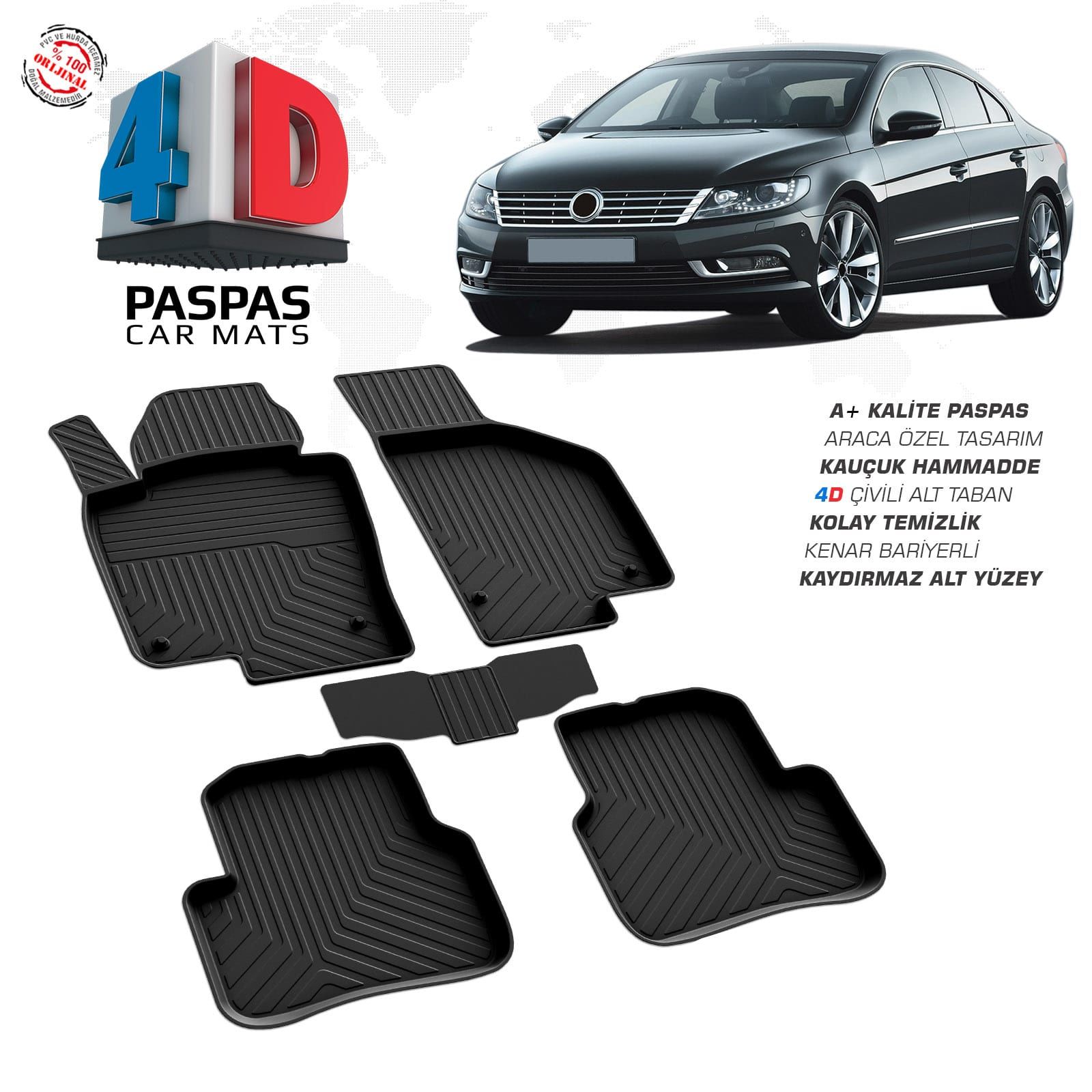 VW Passat CC 4D Araca Özel Havuzlu Kauçuk Paspas 2008 Model ve Üzeri