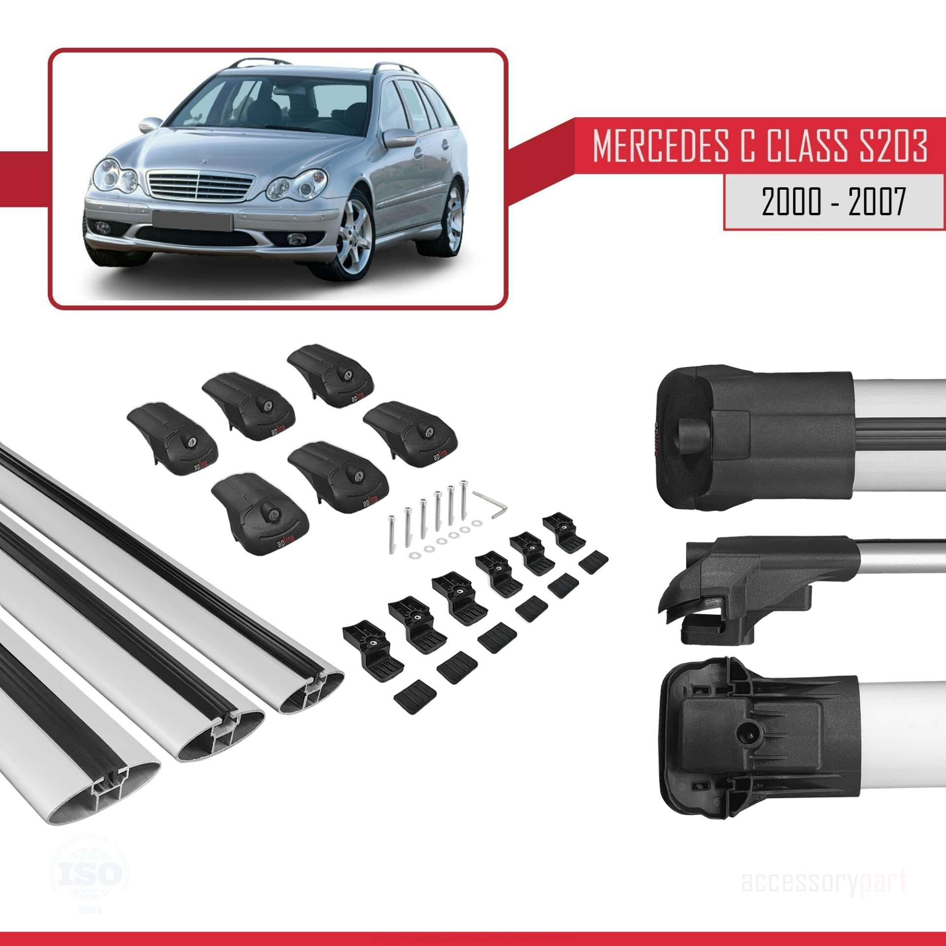 Mercedes C Class (S203) 2000-2007 Arası ile uyumlu ACE-1 Ara Atkı Tavan Barı GRİ 3 ADET BAR