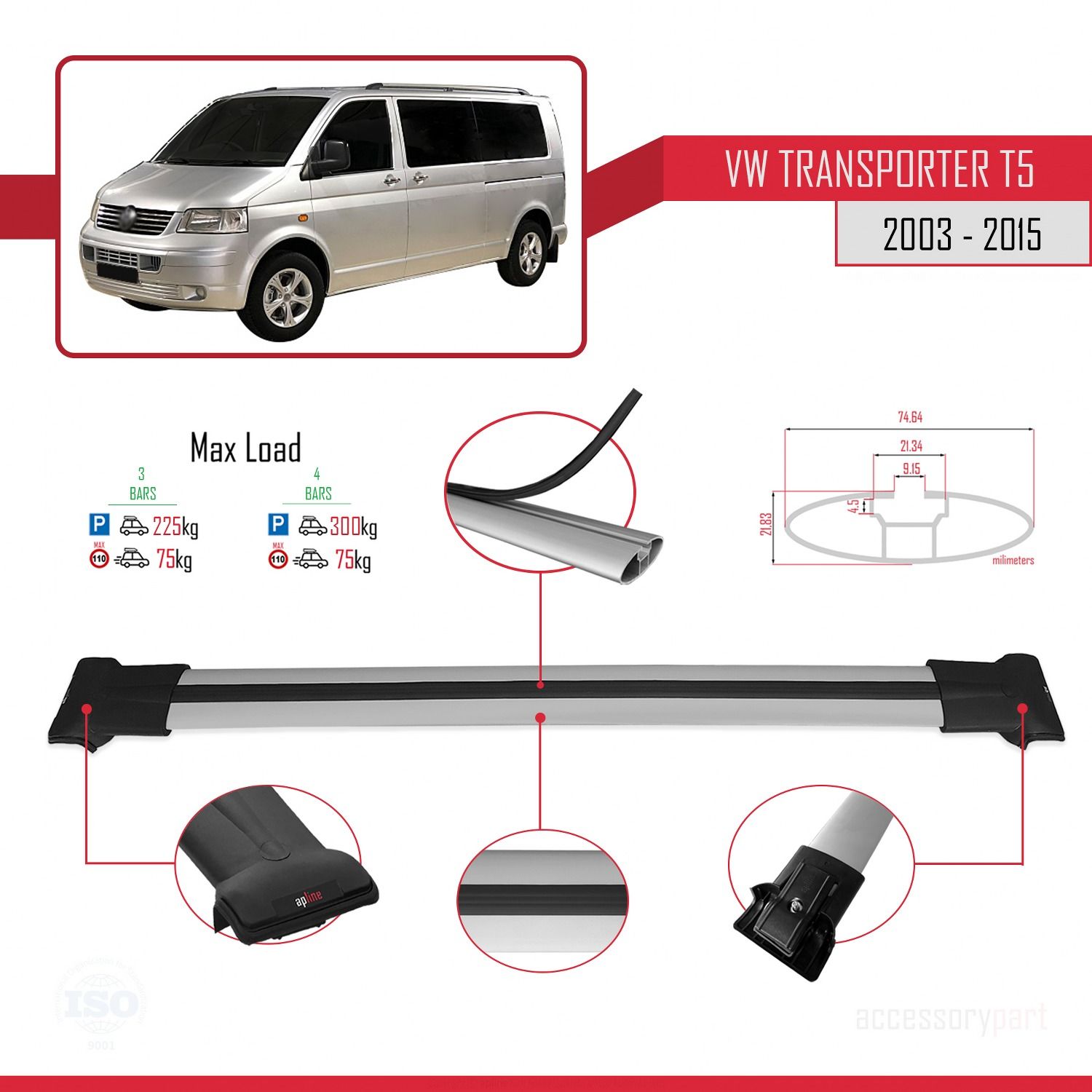 Volkswagen (T5) 2003-2015 Arası ile uyumlu FLY Model Ara Atkı Tavan Barı GRİ 3 ADET BAR