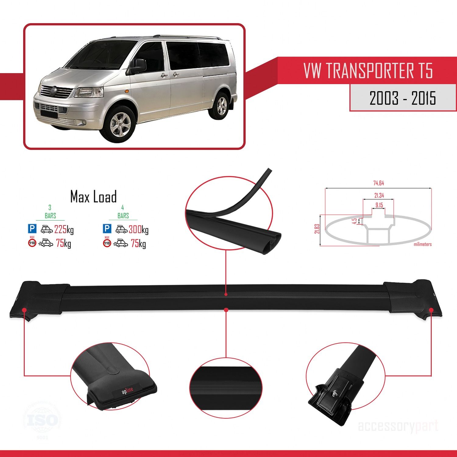 Volkswagen (T5) 2003-2015 Arası ile uyumlu FLY Model Ara Atkı Tavan Barı SİYAH 3 ADET BAR