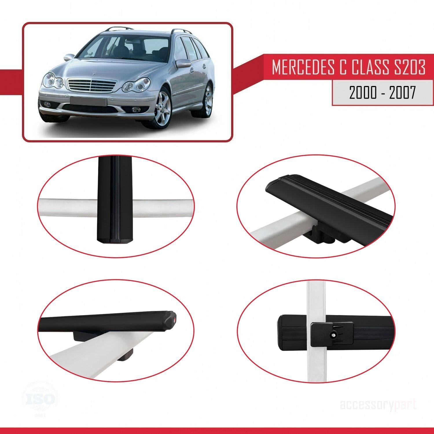 Mercedes C Class (S203) 2000-2007 Arası ile uyumlu Basic Model Ara Atkı Tavan Barı SİYAH 3 ADET