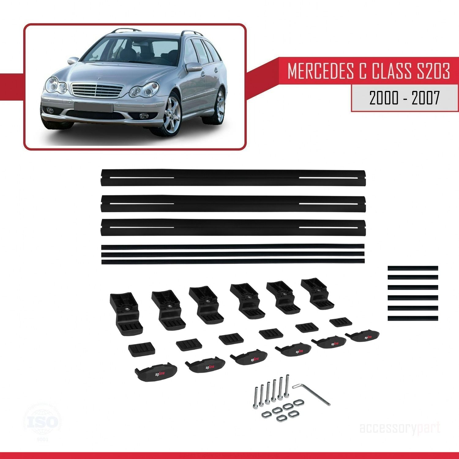 Mercedes C Class (S203) 2000-2007 Arası ile uyumlu Basic Model Ara Atkı Tavan Barı SİYAH 3 ADET