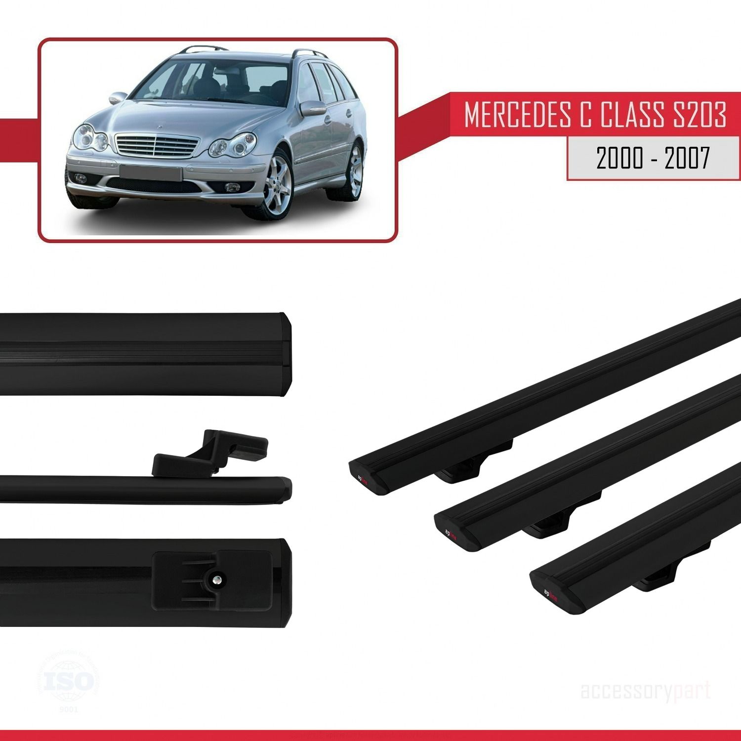 Mercedes C Class (S203) 2000-2007 Arası ile uyumlu Basic Model Ara Atkı Tavan Barı SİYAH 3 ADET