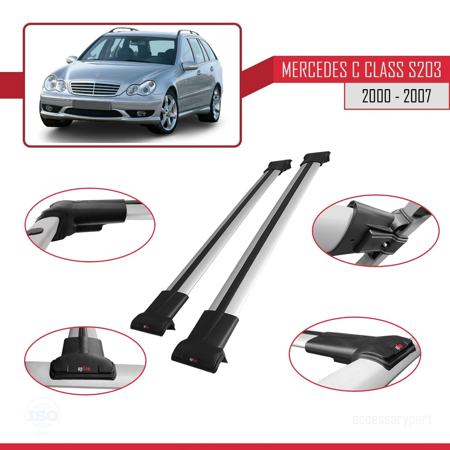 Mercedes C Class (S203) 2000-2007 Arası ile uyumlu FLY Model Ara Atkı Tavan Barı GRİ