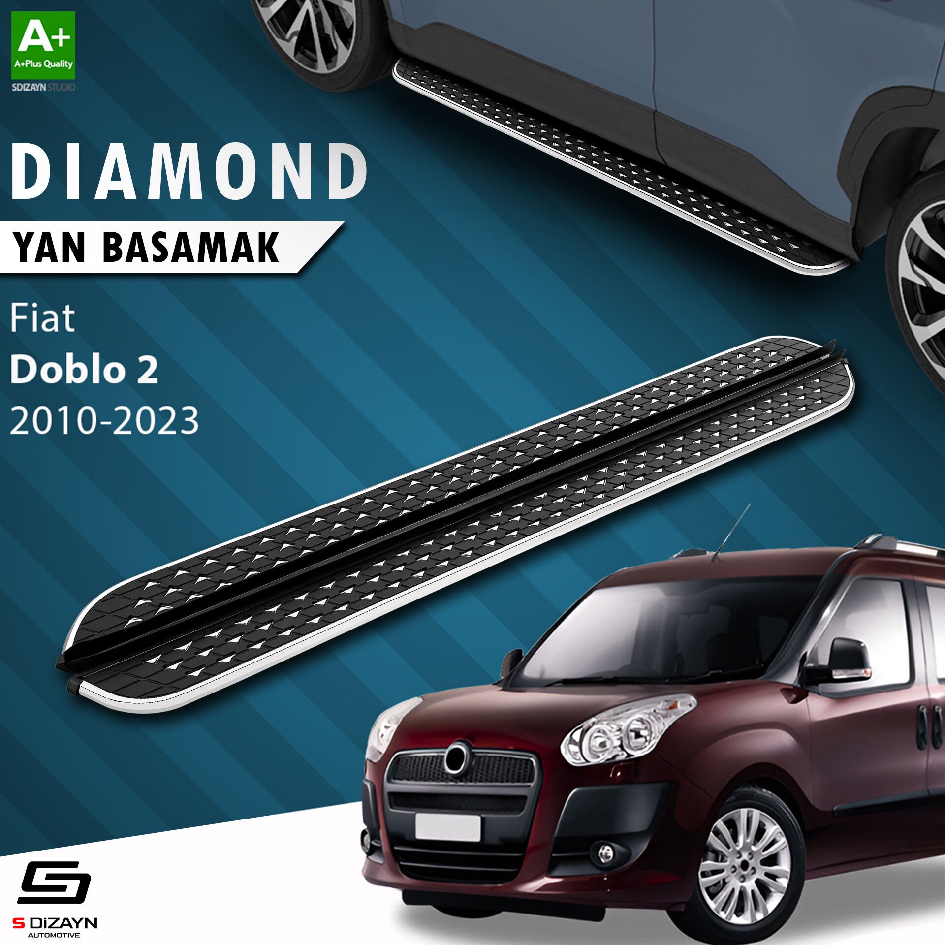 S-Dizayn Fiat Doblo 2 Uzun Şase Diamond Krom Yan Basamak 223 Cm 2010-2023 A+ Kalite