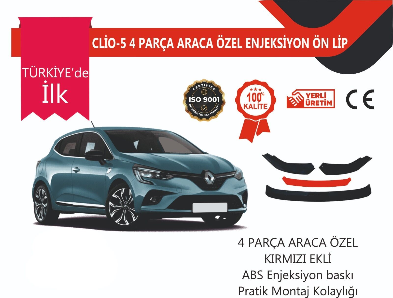 Renault Clio 5 2019 Sonrası  4 Parça Ön Lip Kırmızı
