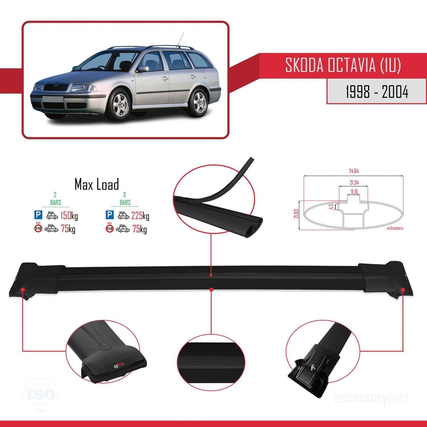 Skoda Octavia (1U) 1998-2004 Arası ile Uyumlu FLY Model Ara Atkı Tavan Barı SİYAH
