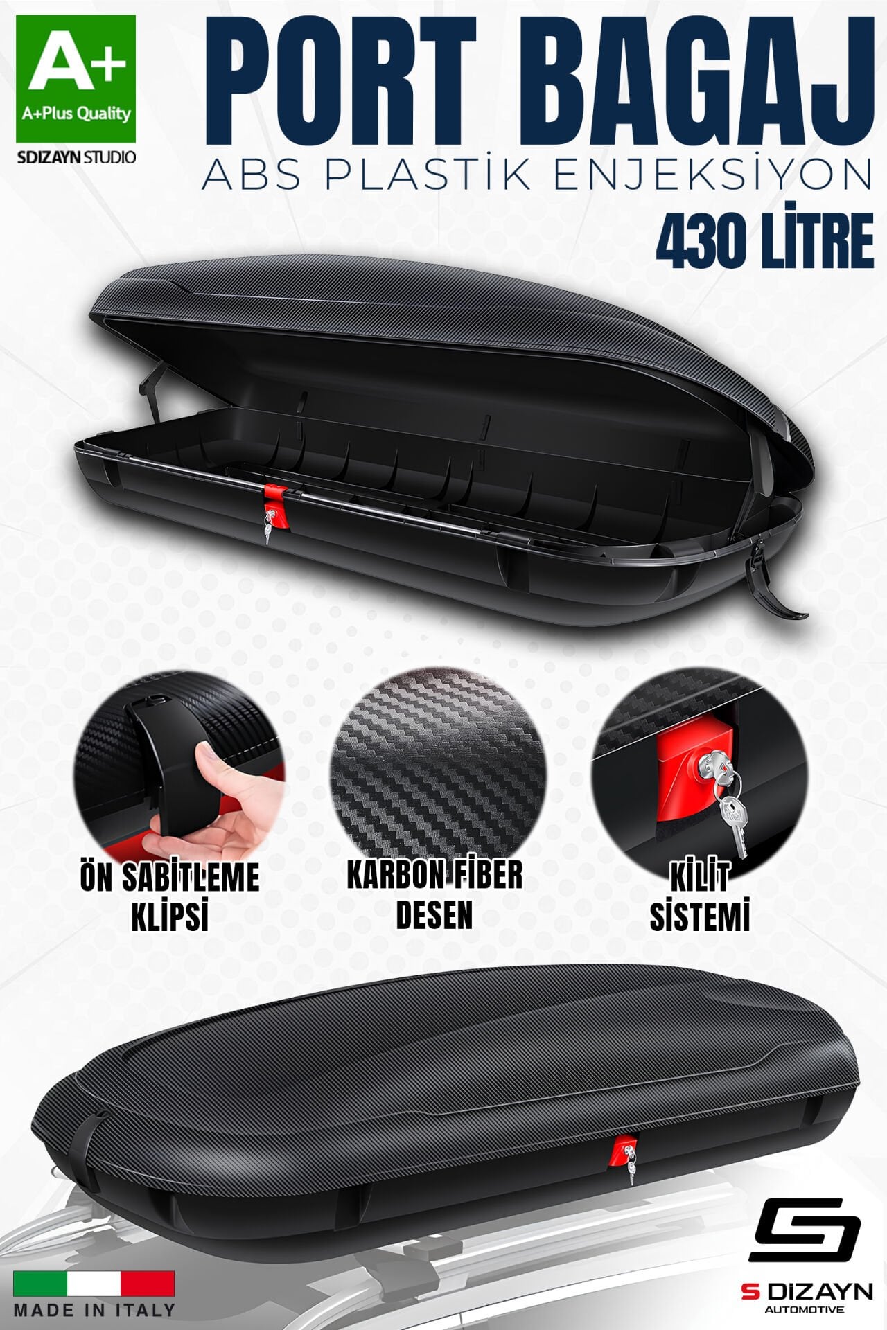 S-Dizayn Araç Üzeri Port Bagaj Karbon Fiber Desen 430 Litre Enjeksiyon Plastik A+ Kalite