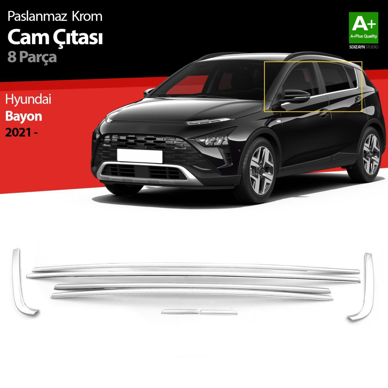 Hyundai Bayon Uyumlu Krom Cam Çıtası 8 Parça. 2021 Üzeri