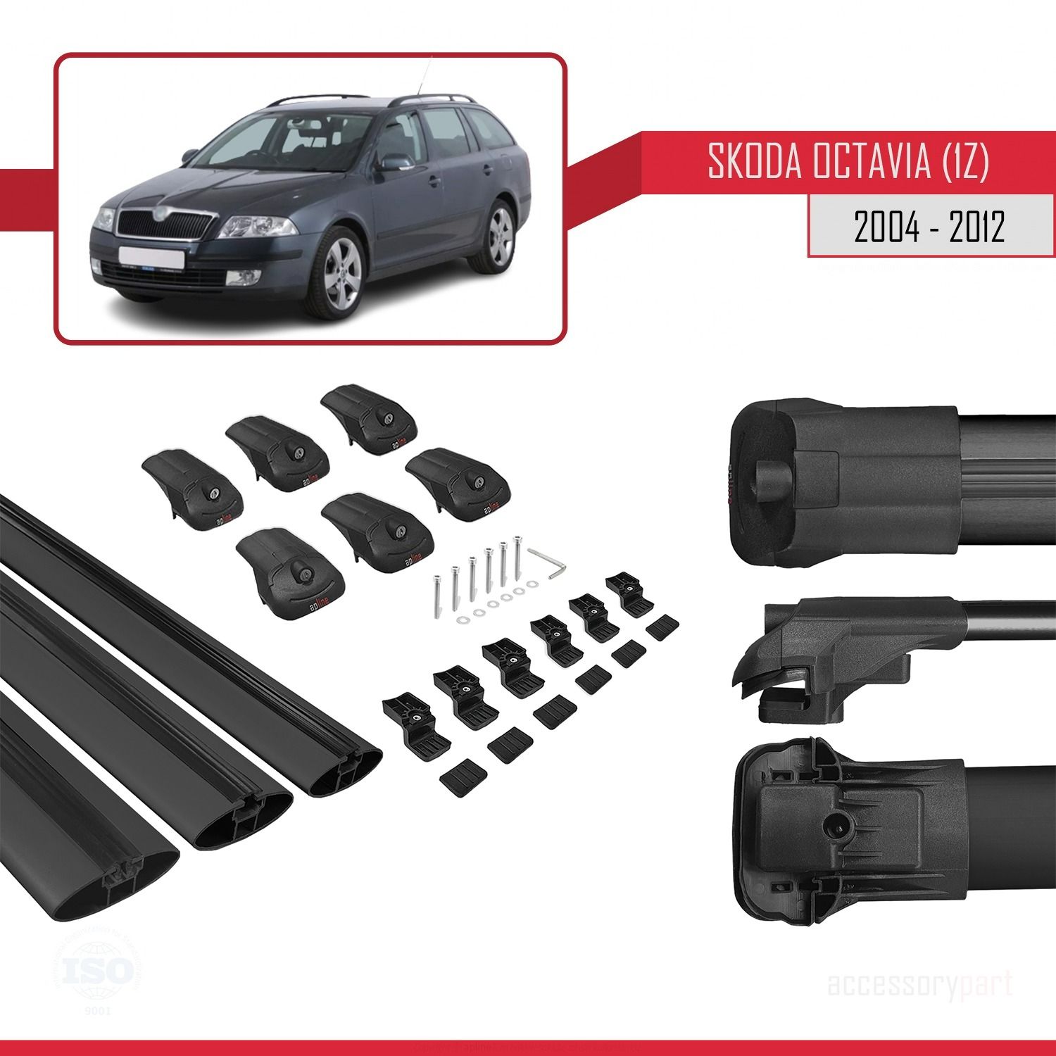 Skoda Octavia (1Z) 2004-2012 Arası ile uyumlu ACE-1 Ara Atkı Tavan Barı SİYAH 3 ADET BAR