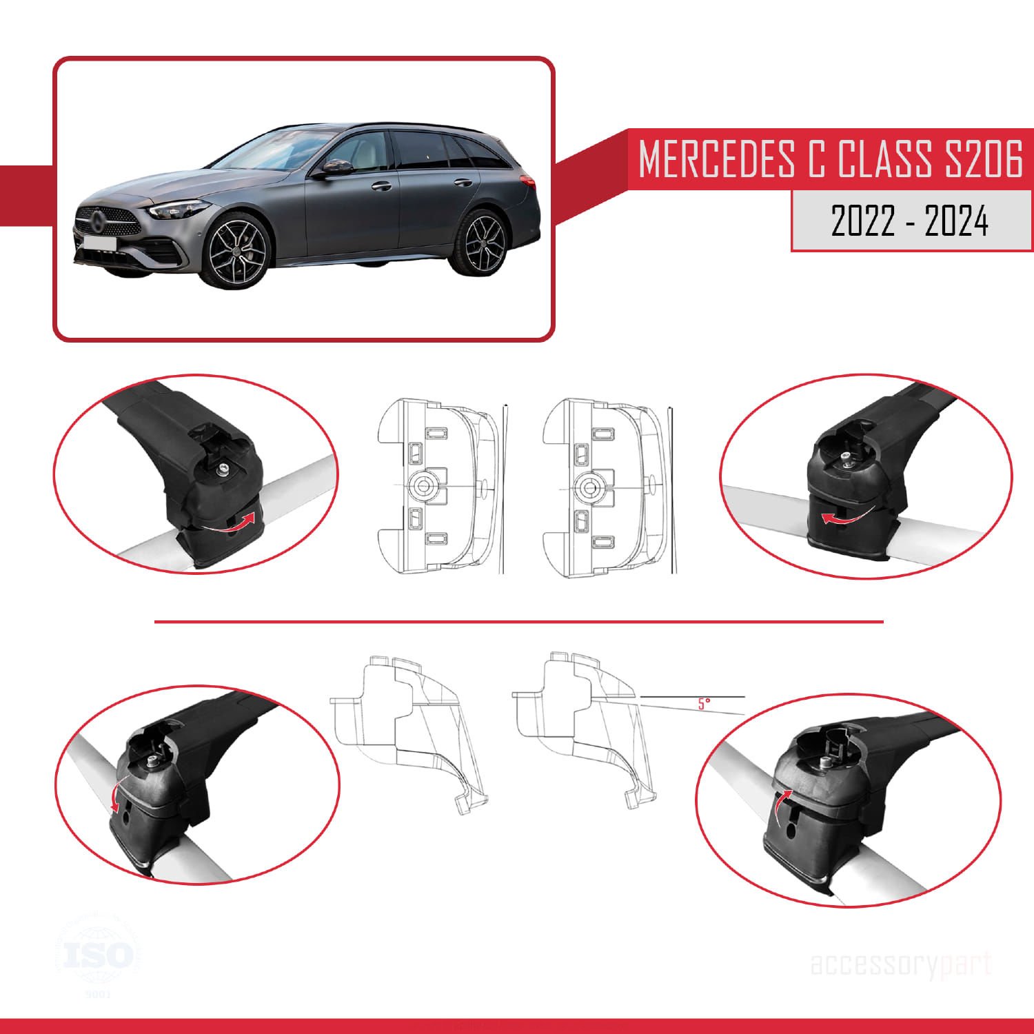Mercedes C Class (S206) 2022 ve Sonrası ile uyumlu ACE-2 Ara Atkı Tavan Barı SİYAH