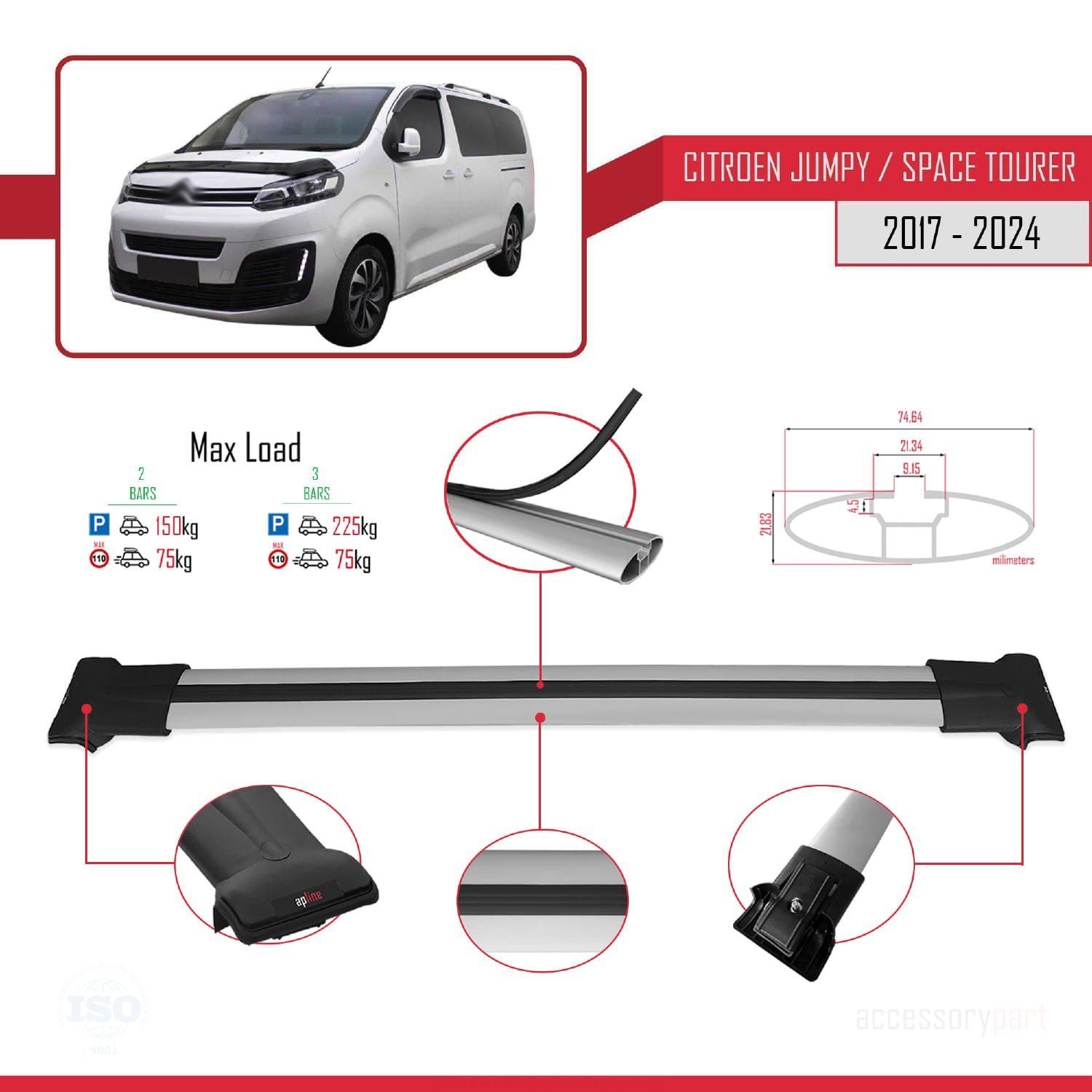 Citroen Jumpy - Space Tourer 2017 ve Sonrası ile Uyumlu FLY Model Ara Atkı Tavan Barı GRİ