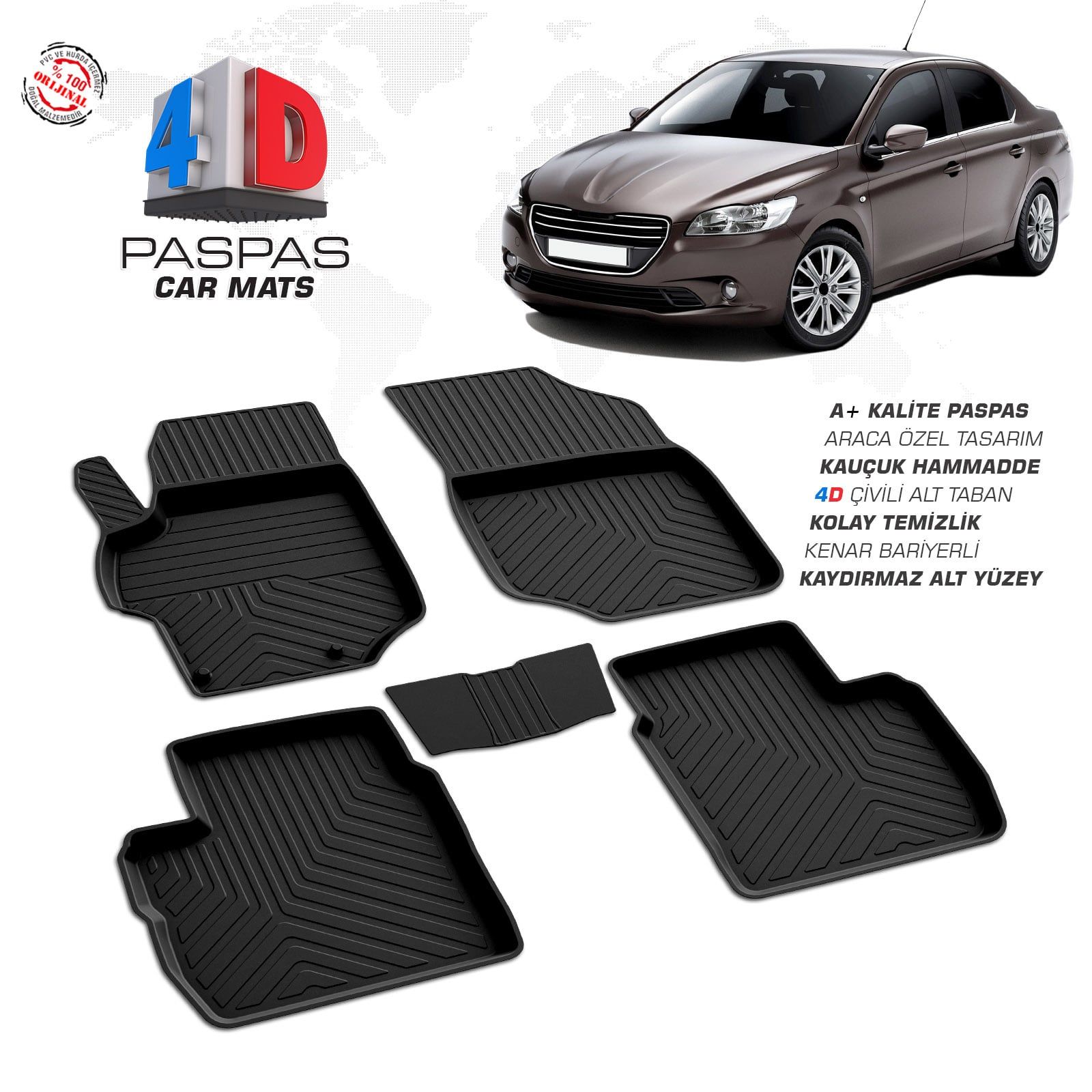 Peugeot 301 4D Araca Özel Havuzlu Kauçuk Paspas 2013 ve Üzeri