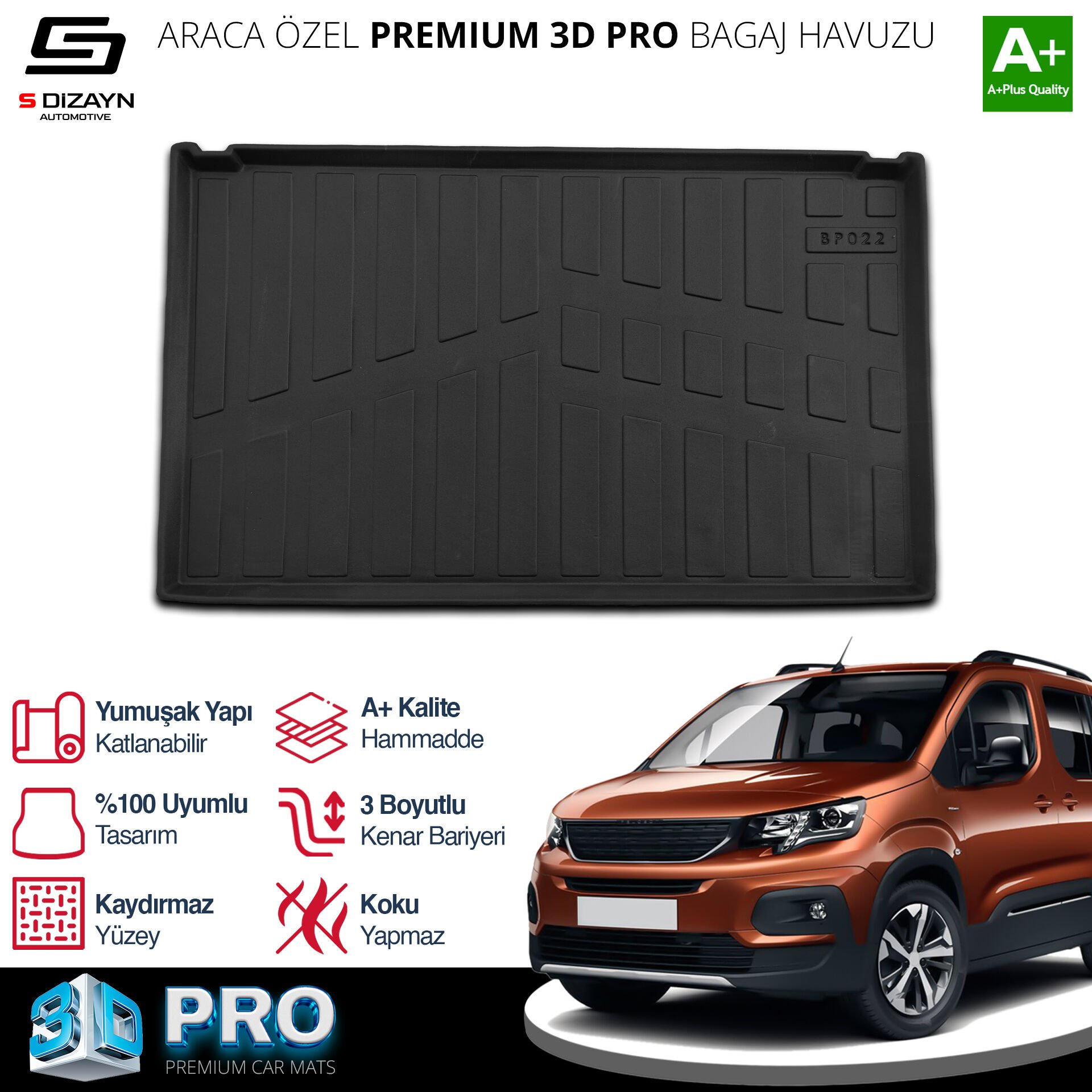 S-Dizayn Peugeot Rifter Seperatörlü 3D Pro Bagaj Havuzu 2019 Üzeri A+ Kalite