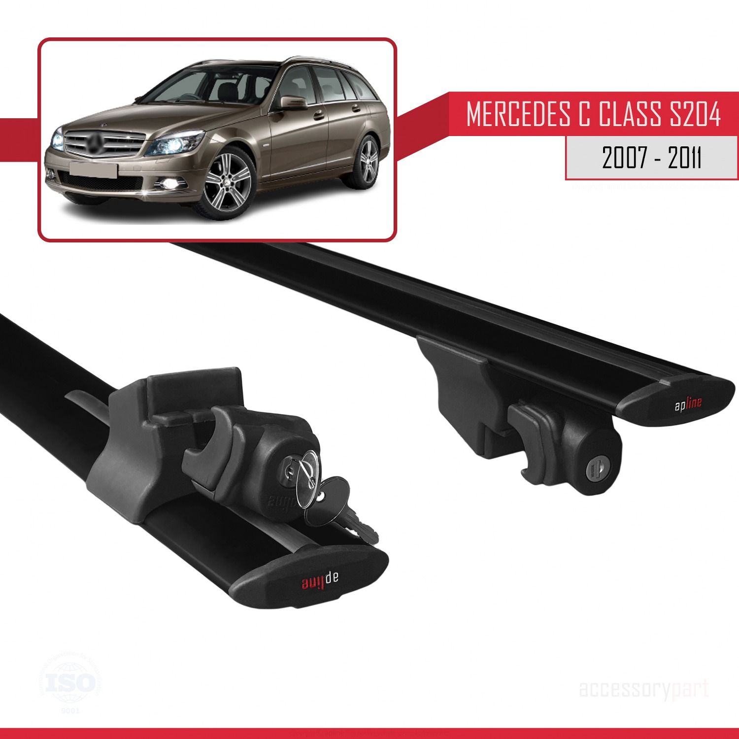 Mercedes C Class (W204) SW 2007-2011 Arası ile uyumlu HOOK Model Anahtar Kilitli Ara Atkı Tavan Barı SİYAH
