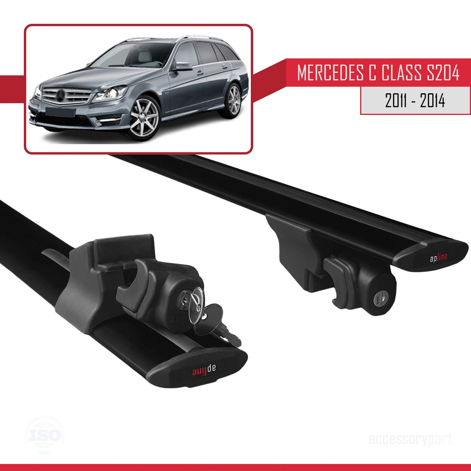 Mercedes C Class (W204) SW 2011-2014 Arası ile uyumlu HOOK Model Anahtar Kilitli Ara Atkı Tavan Barı SİYAH