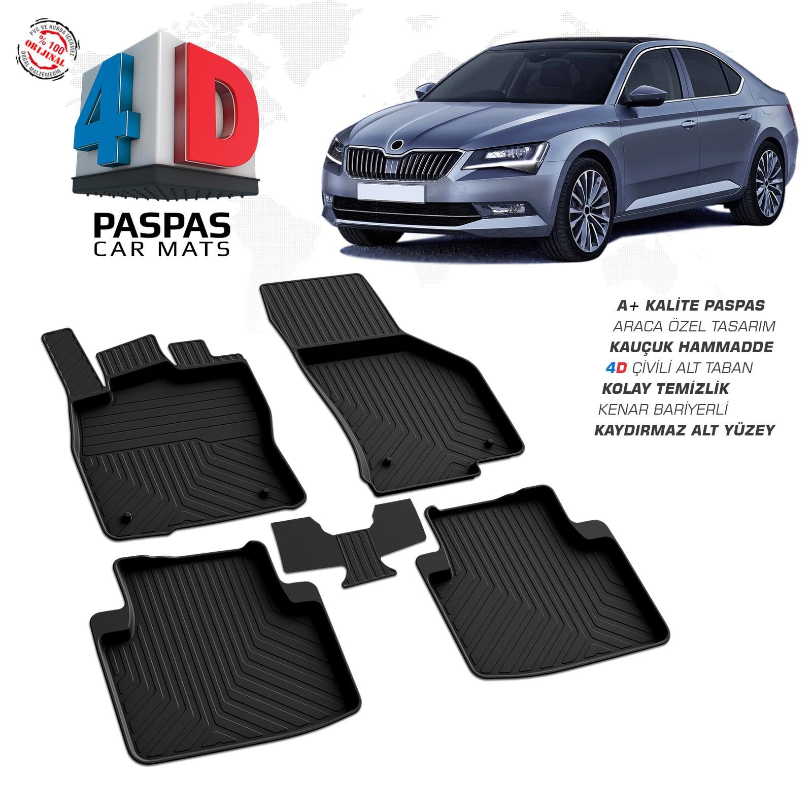 Skoda Superb 4D Araca Özel Havuzlu Kauçuk Paspas 2015 ve Üzeri