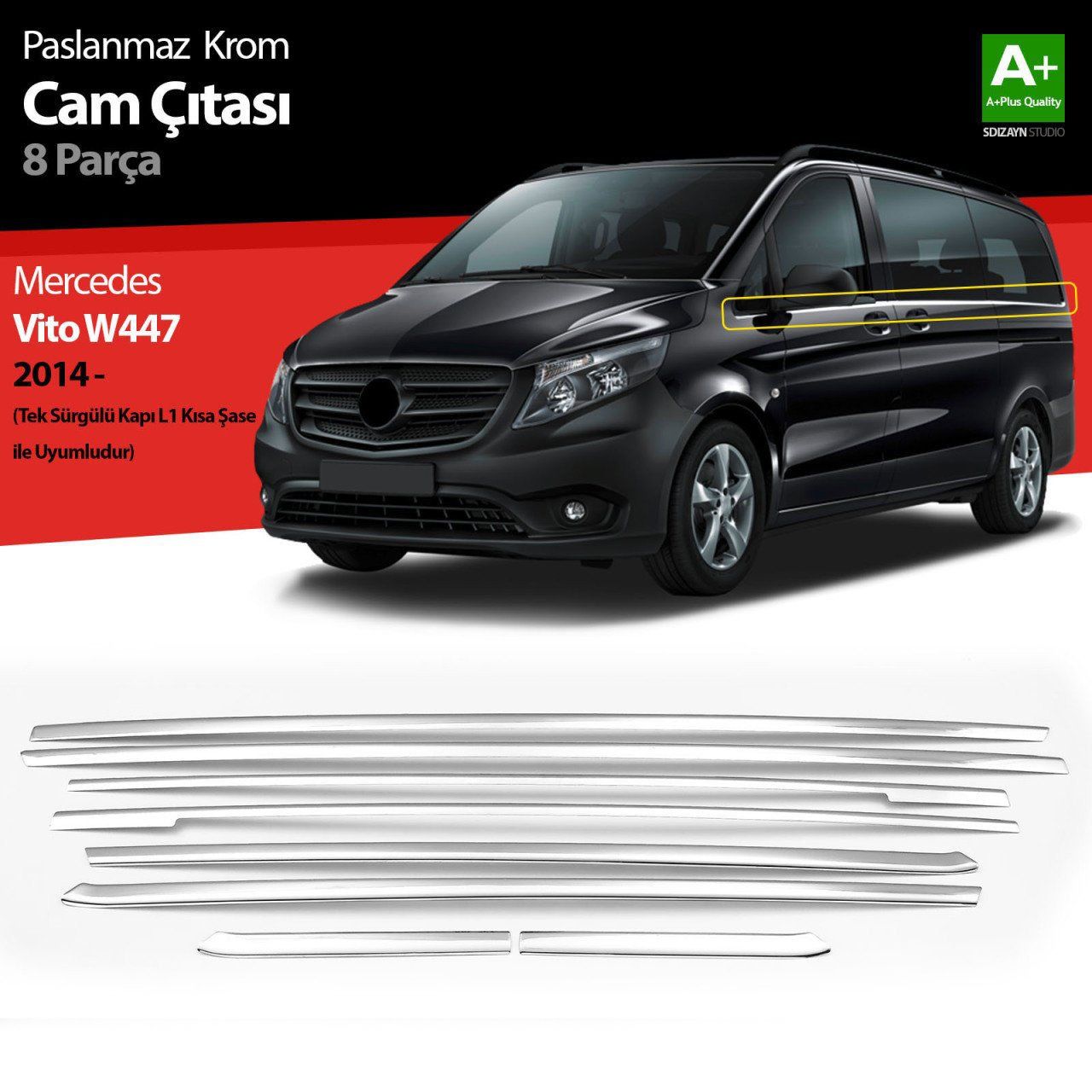 Mercedes Vito Uyumlu W447 Krom Cam Alt Çıtaları 8 Parça. (Tek Sürgülü Kapı-L1 Kısa Şasi) 2014