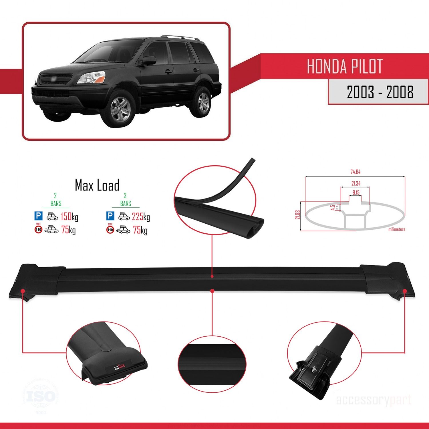 Honda Pilot 2003-2008 Arası ile uyumlu FLY Model Ara Atkı Tavan Barı SİYAH