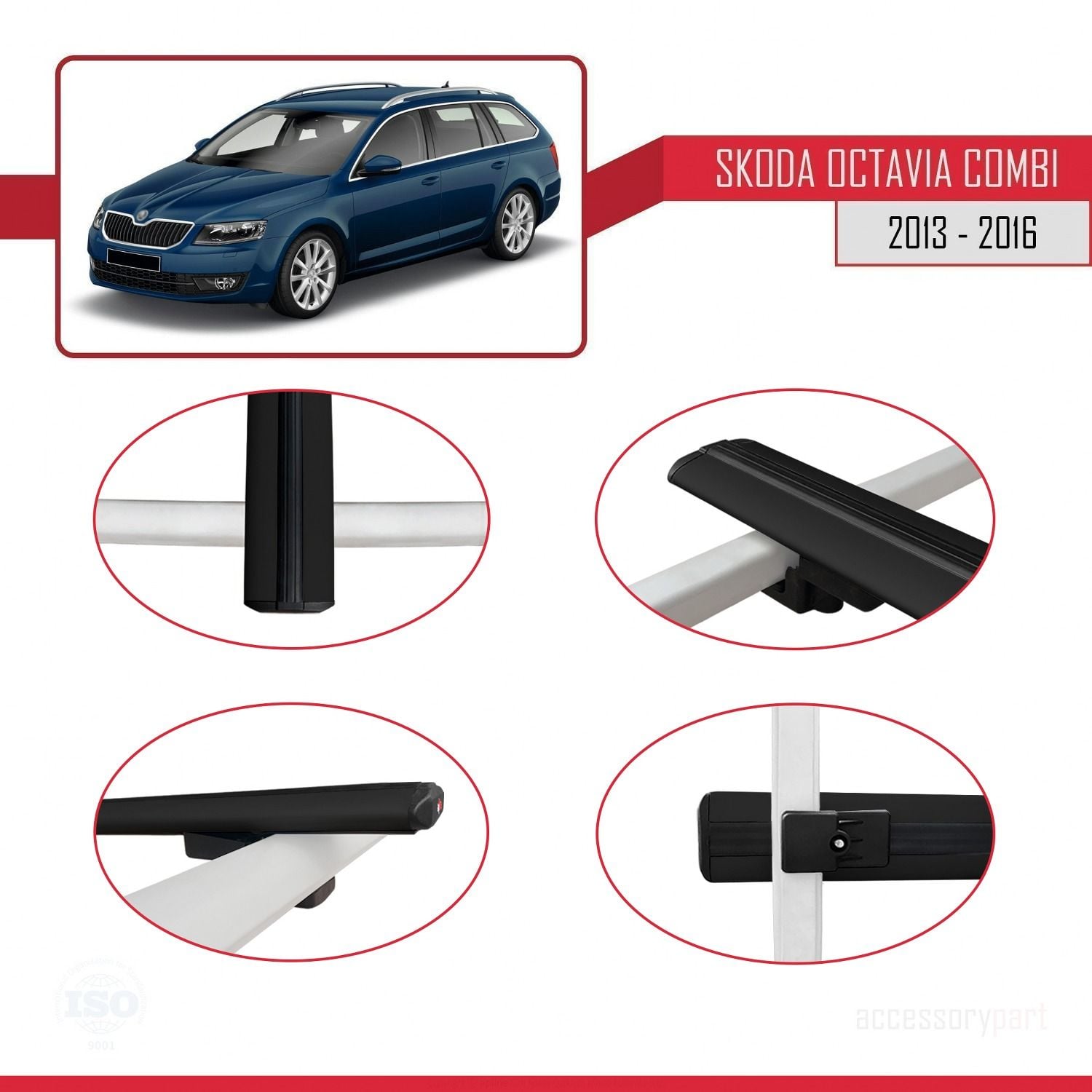 Skoda Octavia COMBI 2013-2016 Arası ile uyumlu Basic Model Ara Atkı Tavan Barı SİYAH 3 ADET