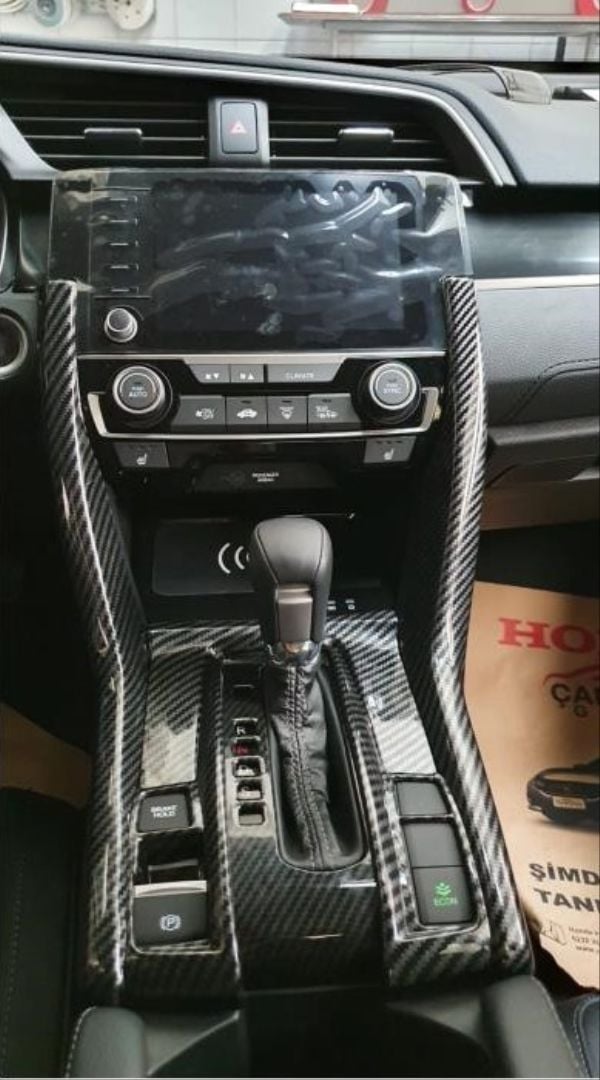 Honda Civic Uyumlu Fc5 2016-2020 Vites Konsol Kaplama Full Set-Karbon