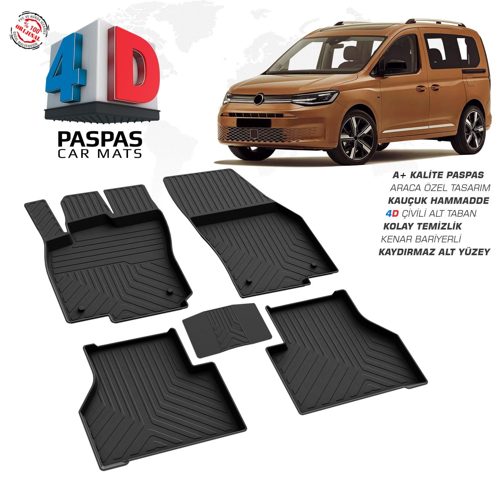 VW Caddy 4D Araca Özel Havuzlu Kauçuk Paspas 2020 ve Üzeri