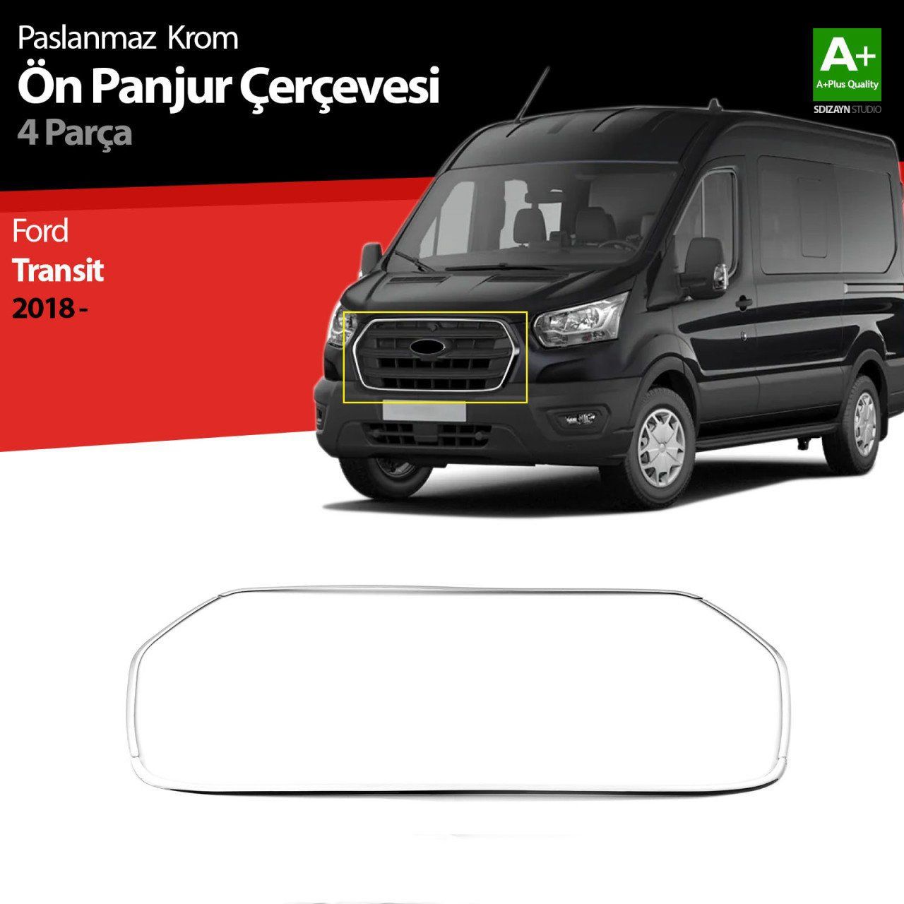 Ford Transit Uyumlu Krom Ön Panjur Çerçevesi 4 Parça. 2018 Ve Üzeri