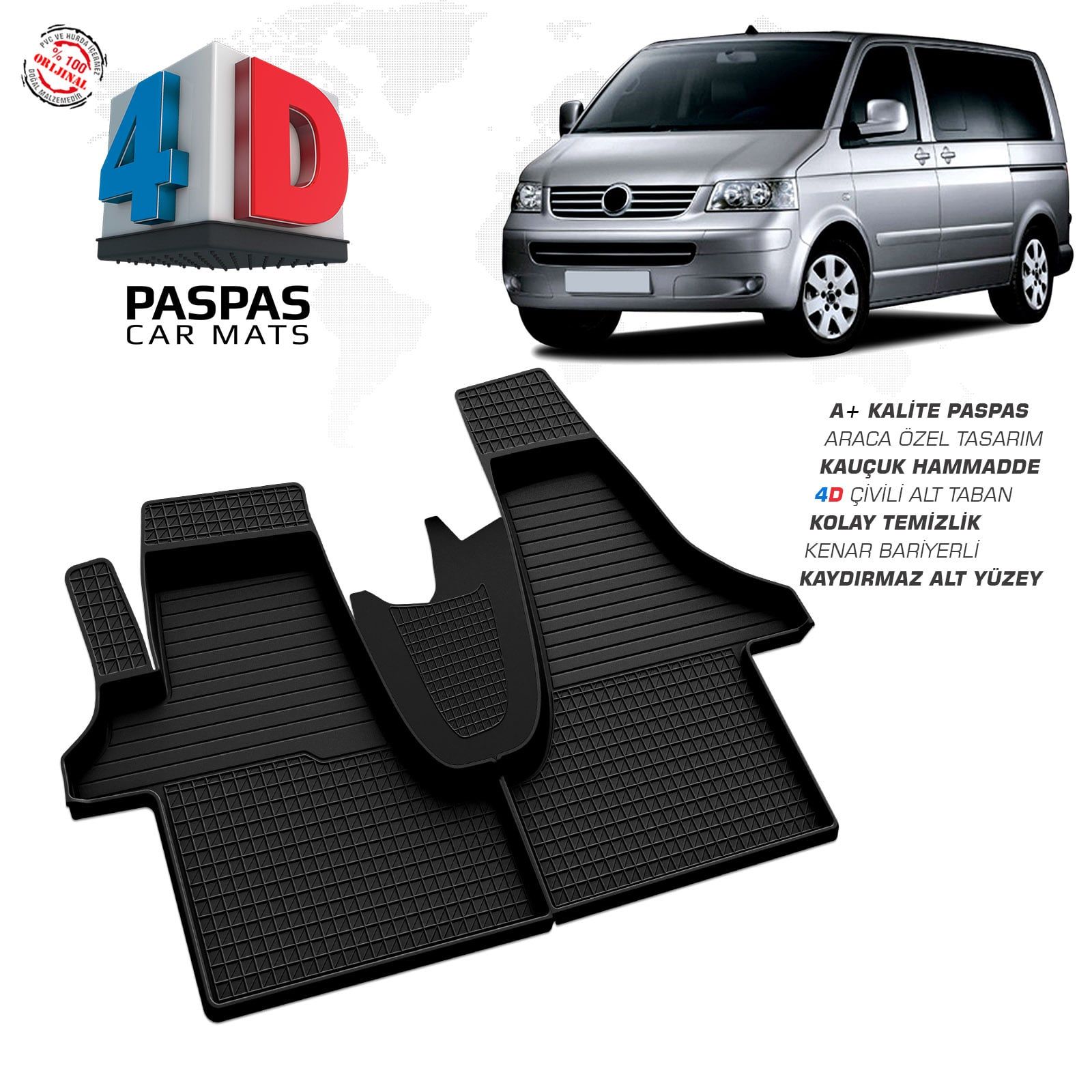 VW Transporter T5 4D Araca Özel Havuzlu Kauçuk Paspas 2003-2015
