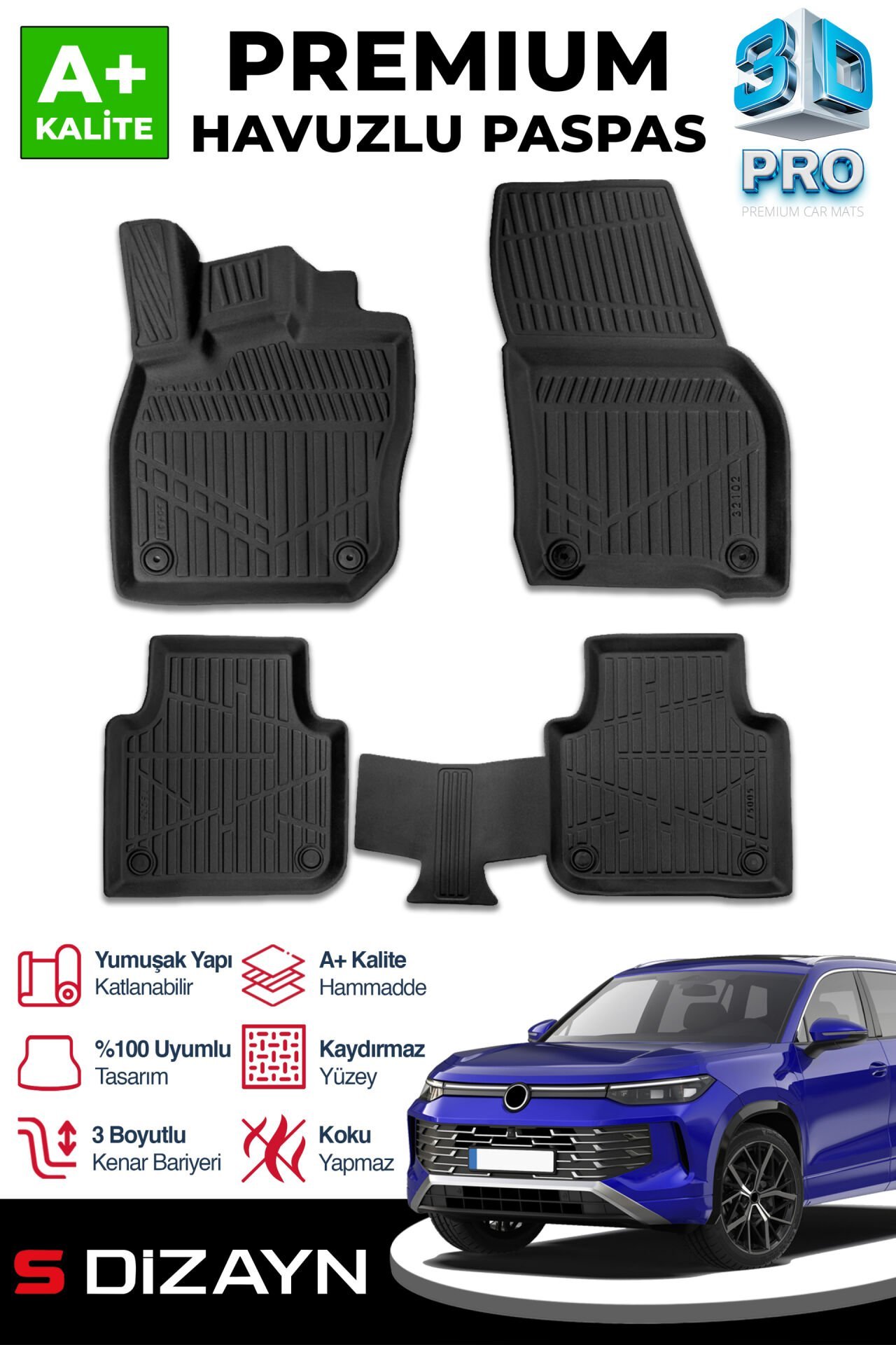 S-Dizayn VW Tayron 3D Pro Havuzlu Paspas 2025 Üzeri A+ Kalite