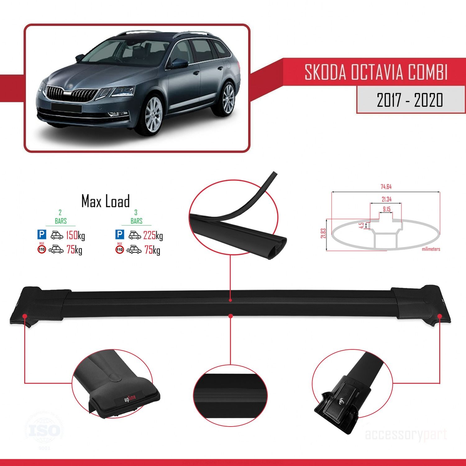 Skoda Octavia COMBI 2017-2020 Arası ile uyumlu FLY Model Ara Atkı Tavan Barı SİYAH
