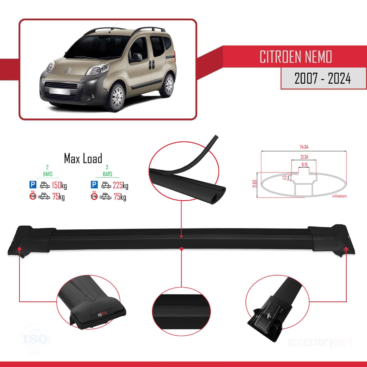 Citroen Nemo 2007 ve Sonrası ile Uyumlu FLY Model Ara Atkı Tavan Barı SİYAH