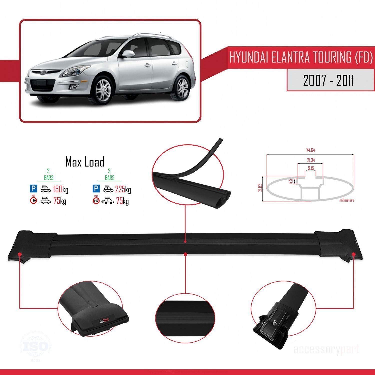 Hyundai Elantra Touring (FD) 2007-2011 Arası ile Uyumlu FLY Model Ara Atkı Tavan Barı SİYAH