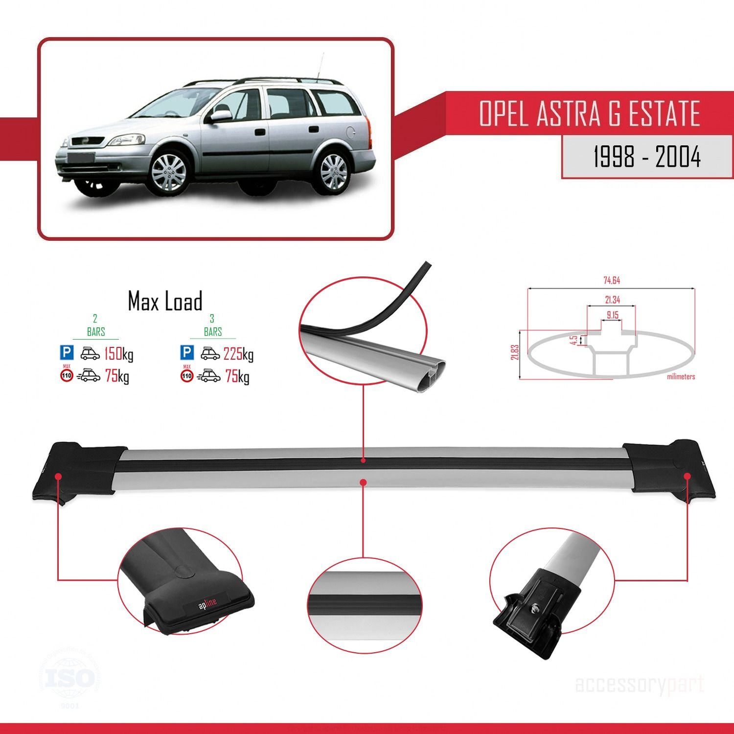 Opel Astra (G) SW 1998-2004 Arası ile uyumlu FLY Model Ara Atkı Tavan Barı GRİ