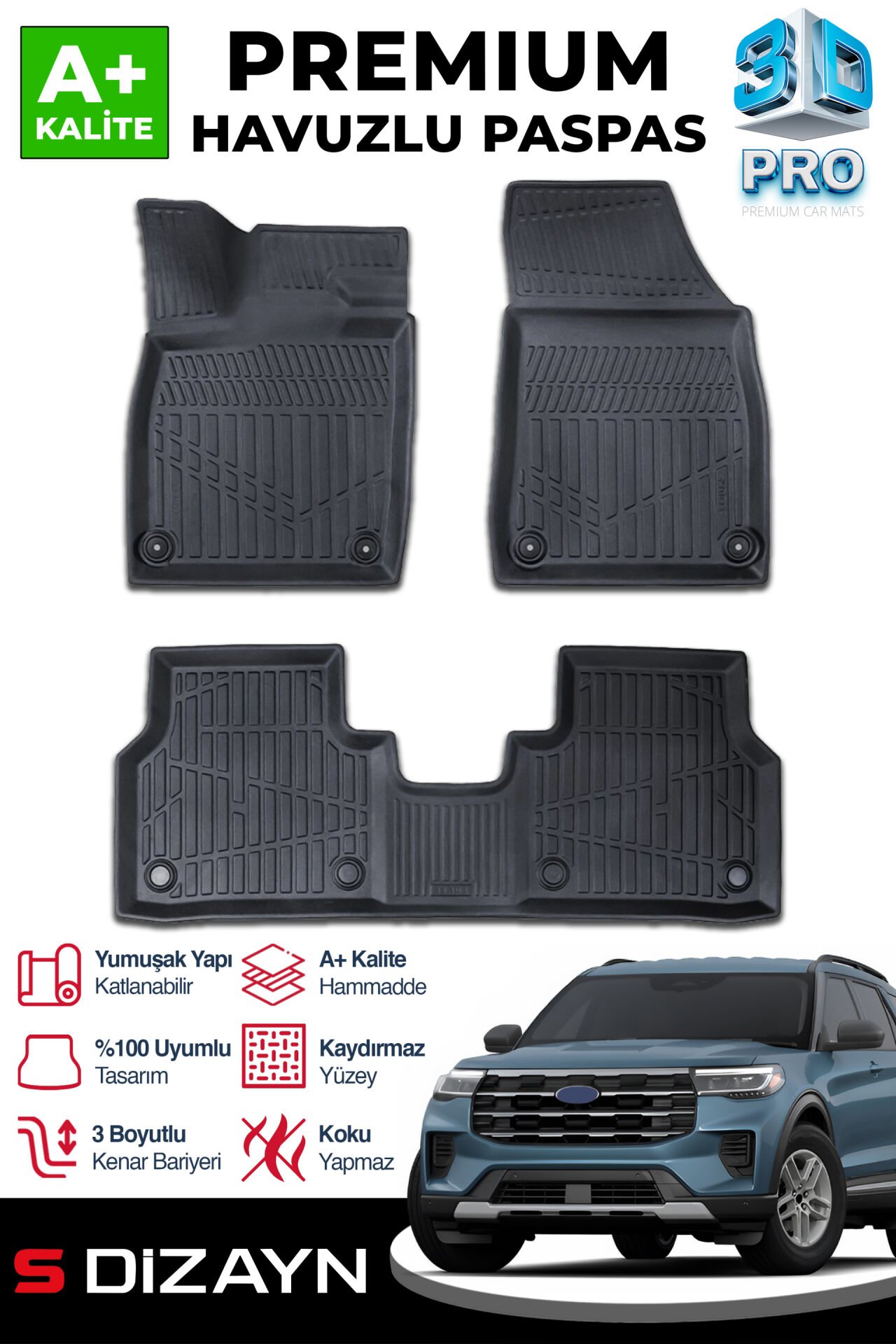S-Dizayn Ford Explorer 3D Pro Havuzlu Paspas 2025 Üzeri A+ Kalite