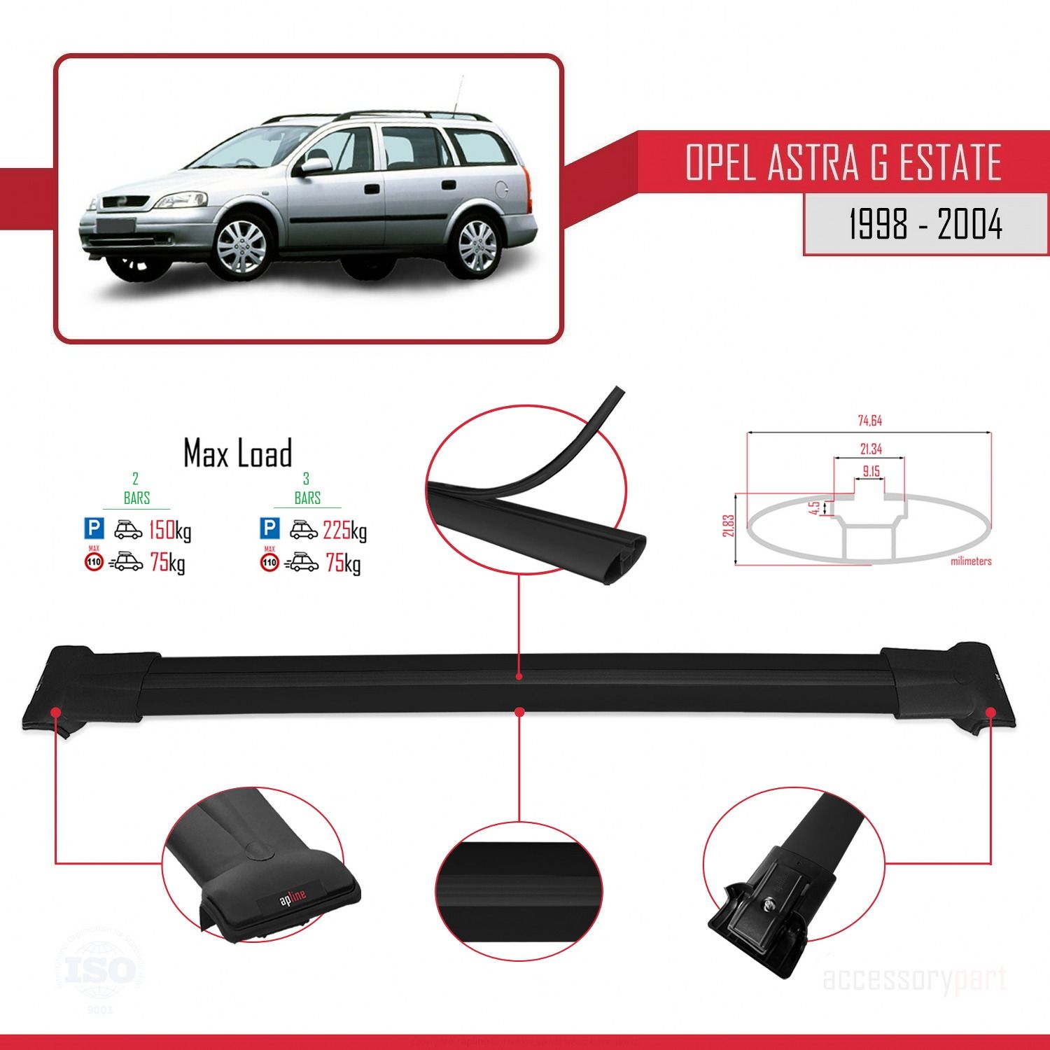 Opel Astra (G) SW 1998-2004 Arası ile uyumlu FLY Model Ara Atkı Tavan Barı SİYAH