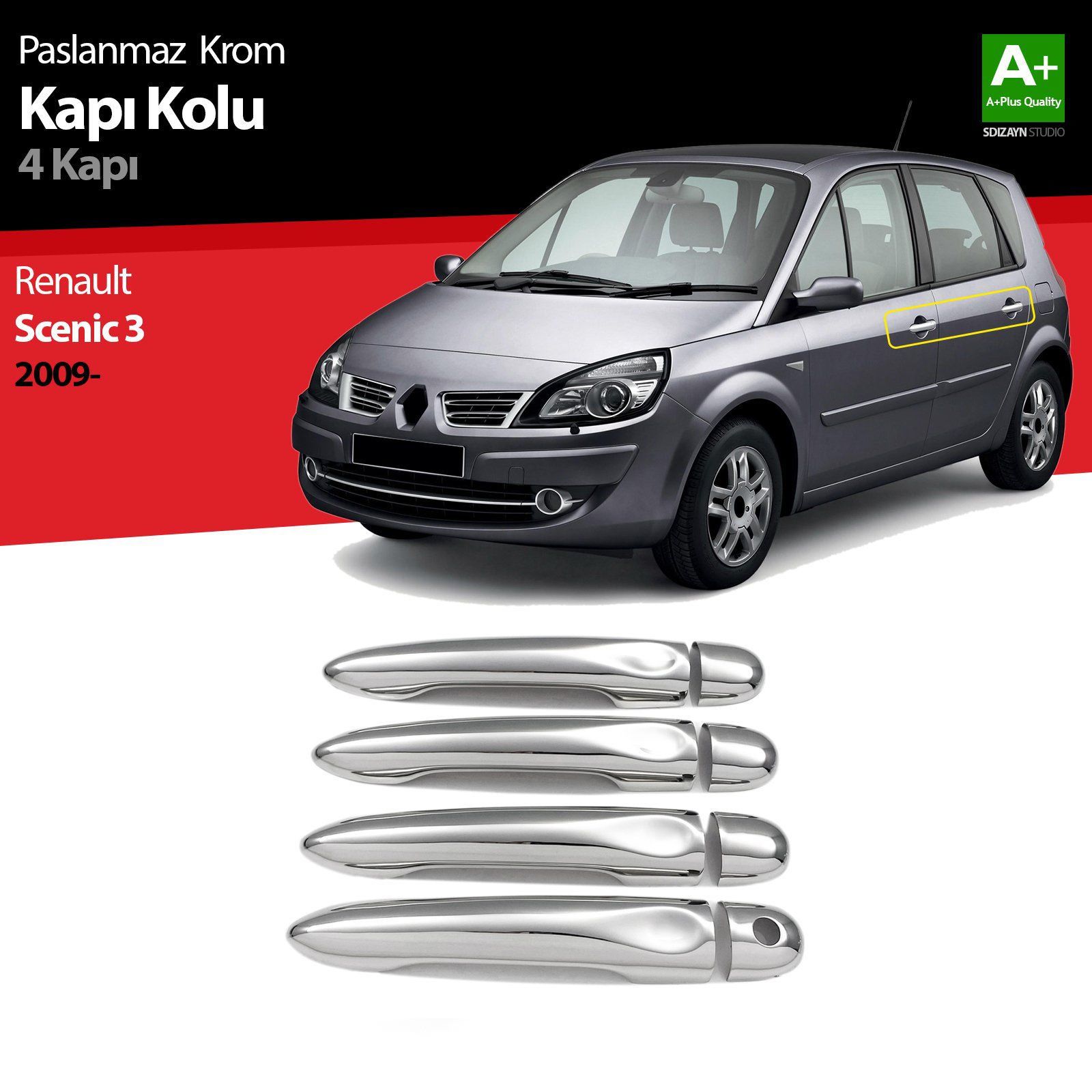 Renault Scenic Uyumlu 3 Krom Kapı Kolu 4 Parça 2009 Üzeri