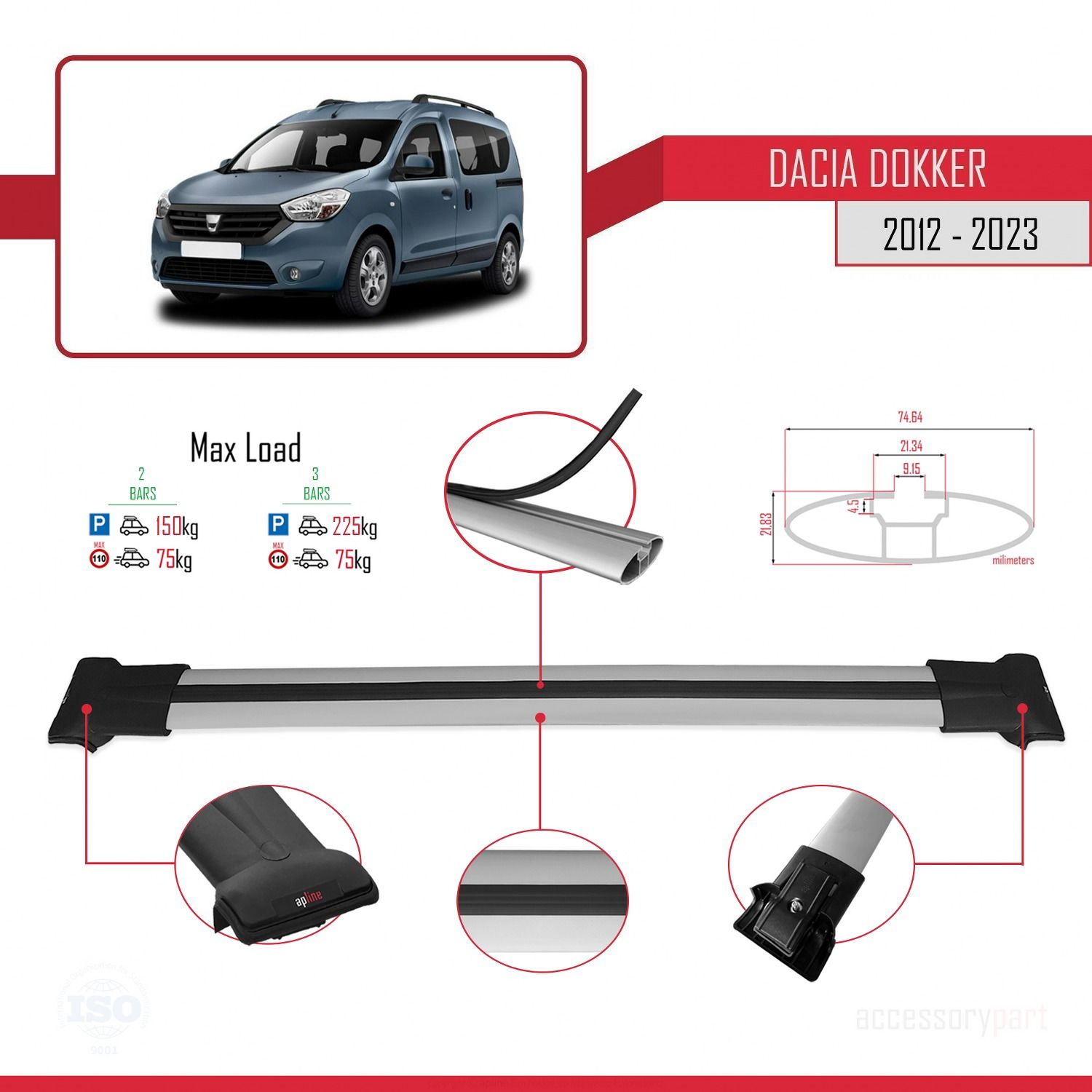 Dacia Dokker 2012 ve Sonrası ile Uyumlu FLY Model Ara Atkı Tavan Barı GRİ