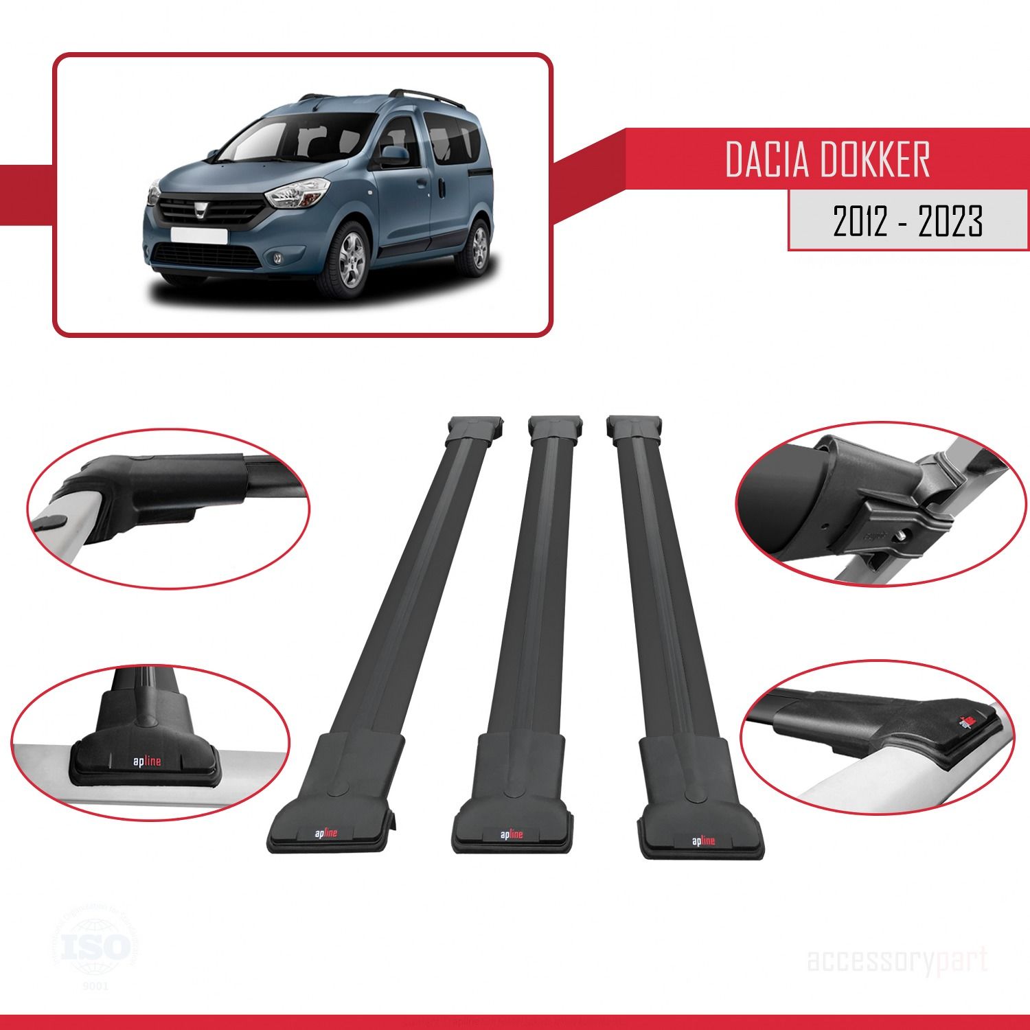 Dacia Dokker 2012 ve Sonrası ile uyumlu FLY Model Ara Atkı Tavan Barı SİYAH 3 ADET BAR