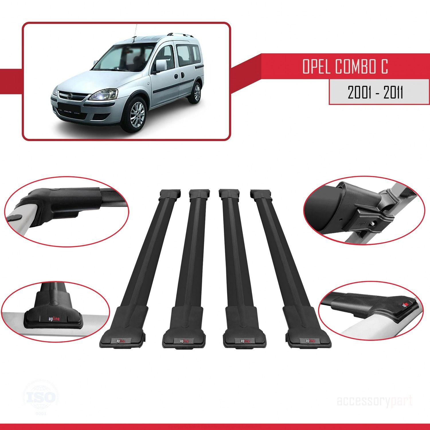 Opel Combo (C) 2001-2011 Arası ile uyumlu FLY Model Ara Atkı Tavan Barı SİYAH 4 ADET BAR