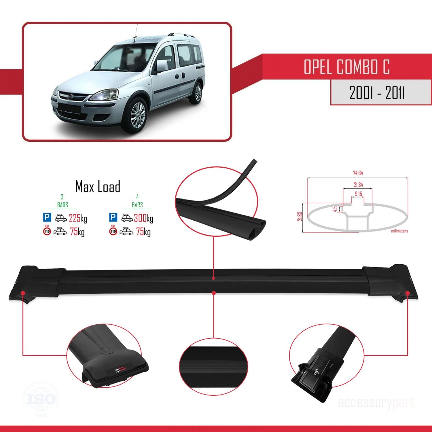 Opel Combo (C) 2001-2011 Arası ile uyumlu FLY Model Ara Atkı Tavan Barı SİYAH 4 ADET BAR