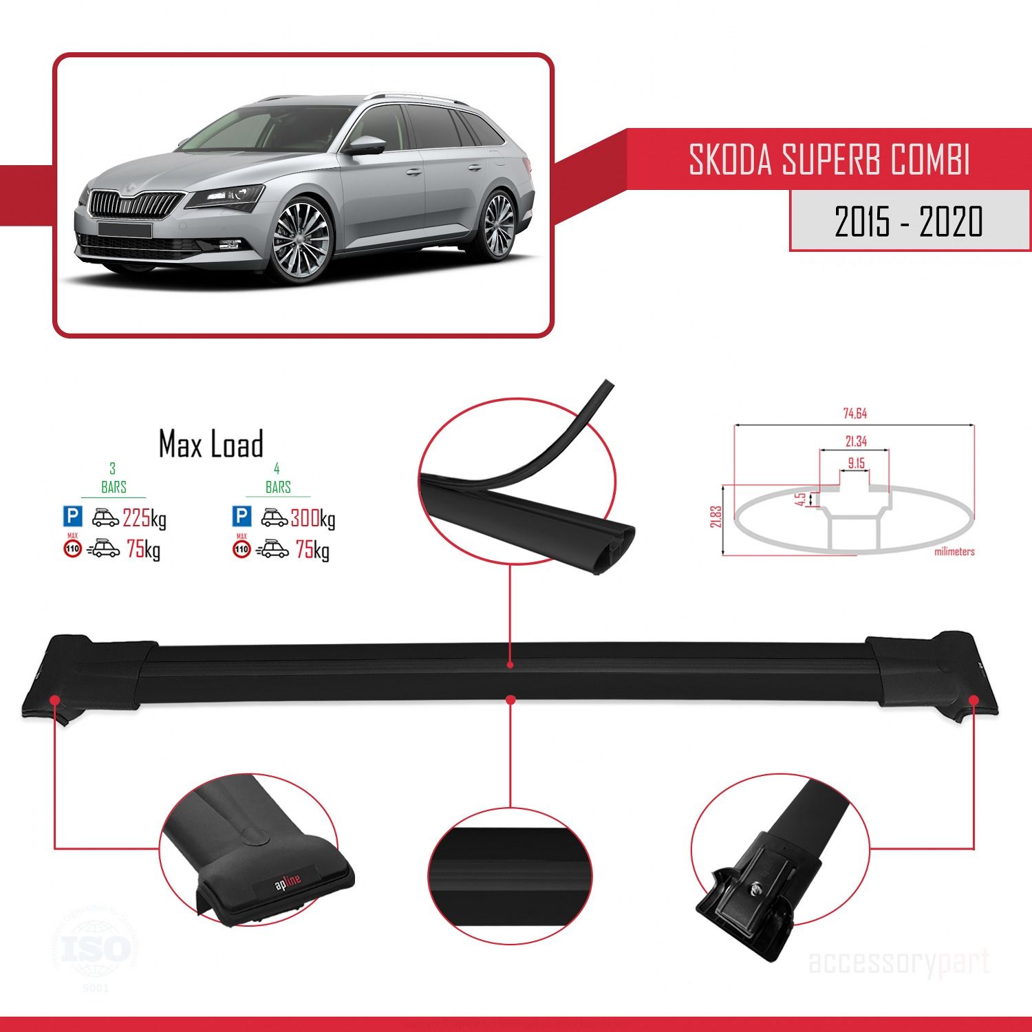 Skoda SuperB COMBI 2015-2020 Arası ile Uyumlu FLY Model Ara Atkı Tavan Barı SİYAH 3 ADET BAR