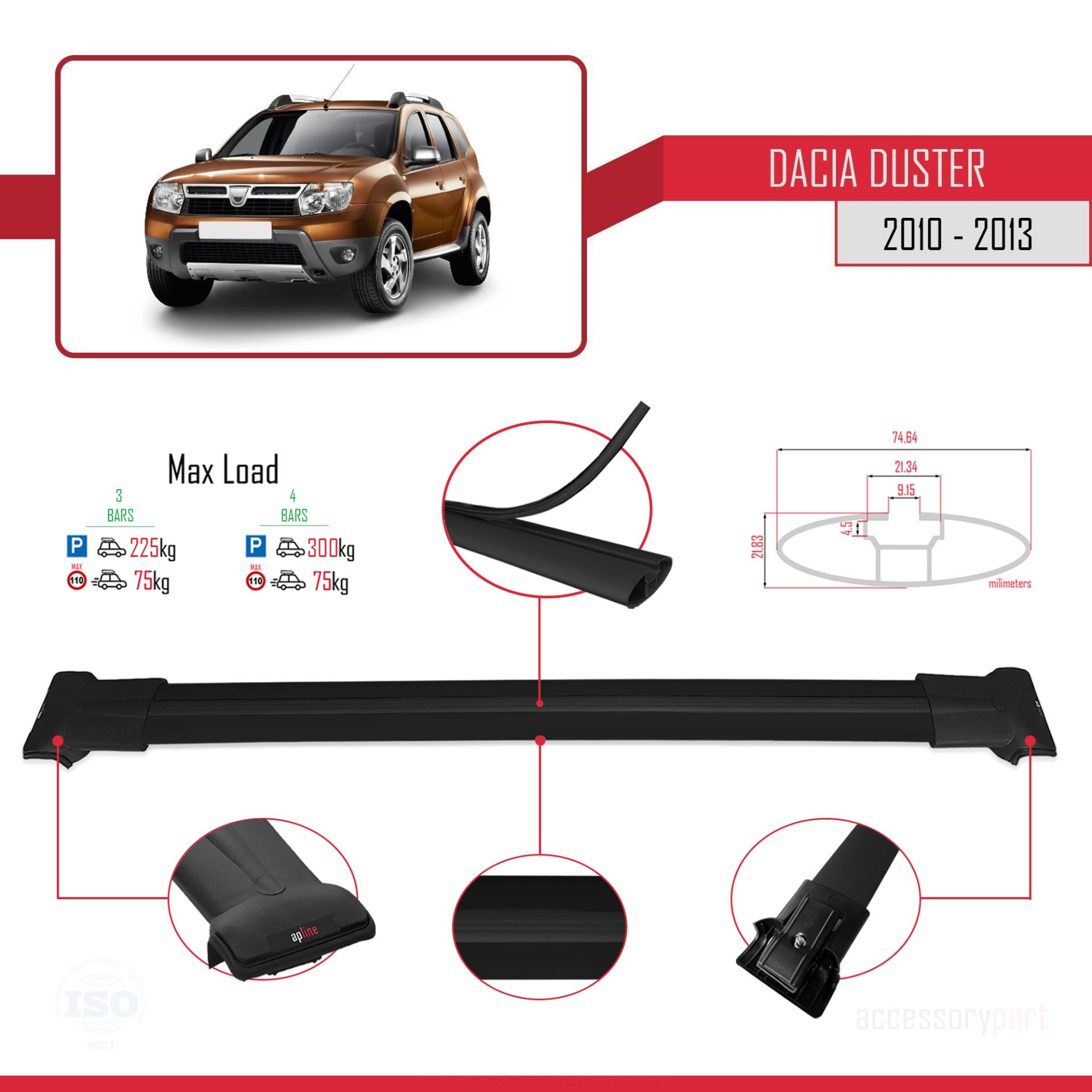 Dacia Duster 2010-2013 Arası ile Uyumlu FLY Model Ara Atkı Tavan Barı SİYAH 3 ADET BAR