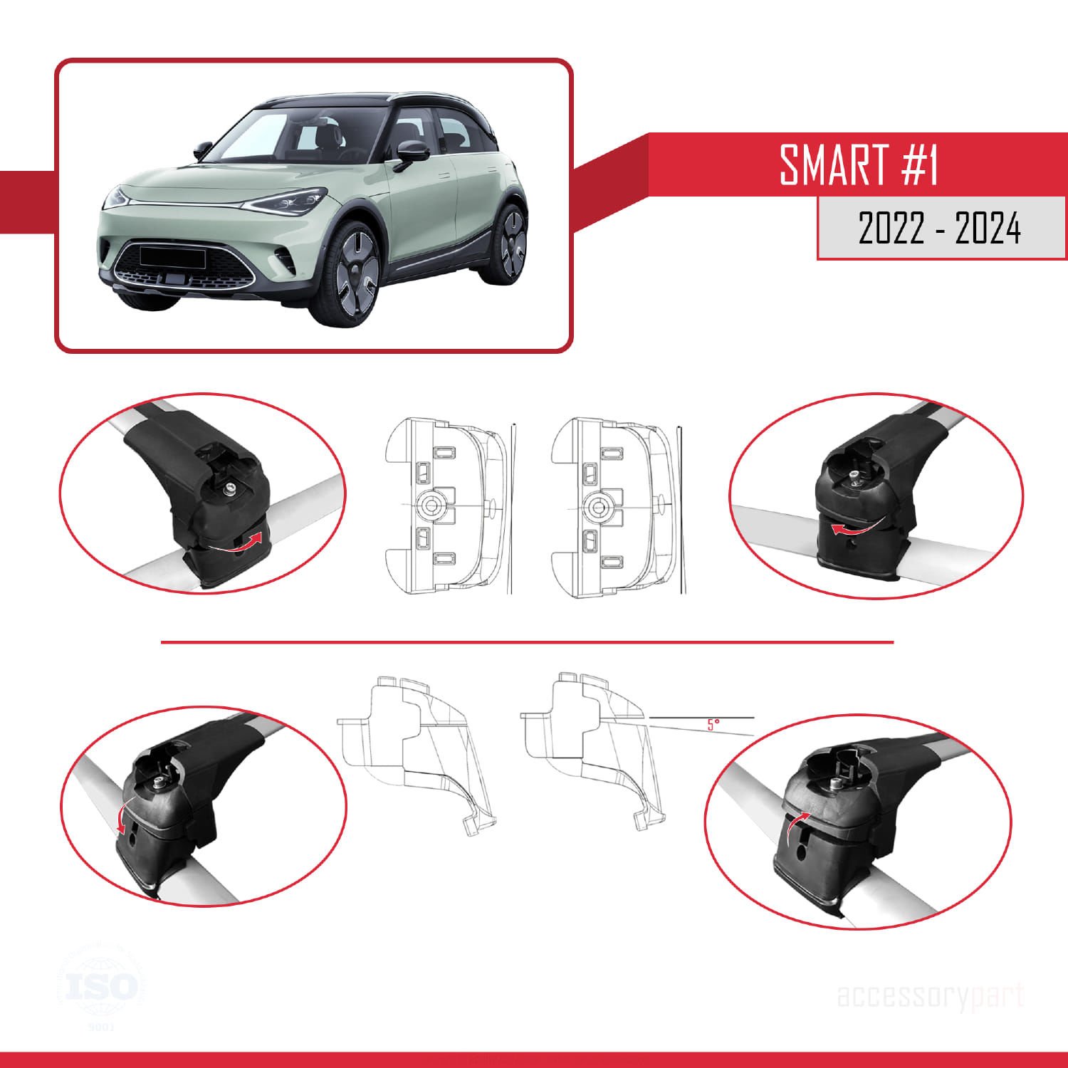 Smart #1 2022 ve Sonrası ile uyumlu ACE-2 Ara Atkı Tavan Barı GRİ