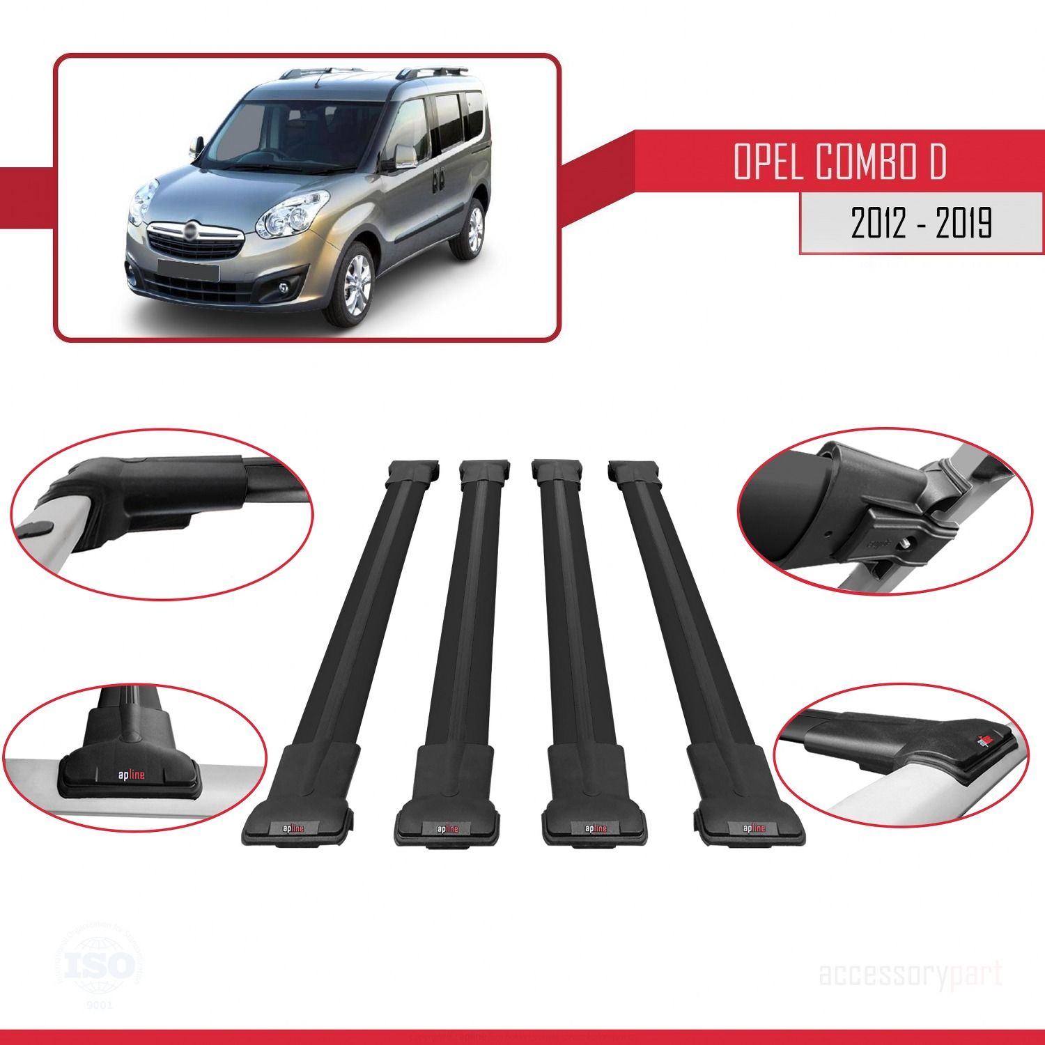 Opel Combo (D) 2012-2018 Arası ile uyumlu FLY Model Ara Atkı Tavan Barı SİYAH 4 ADET BAR