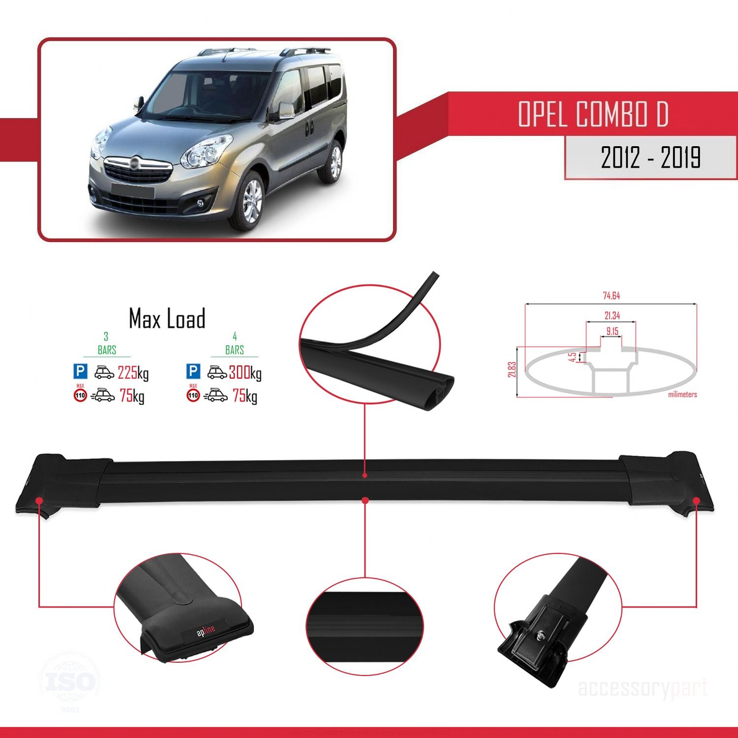 Opel Combo (D) 2012-2018 Arası ile uyumlu FLY Model Ara Atkı Tavan Barı SİYAH 4 ADET BAR