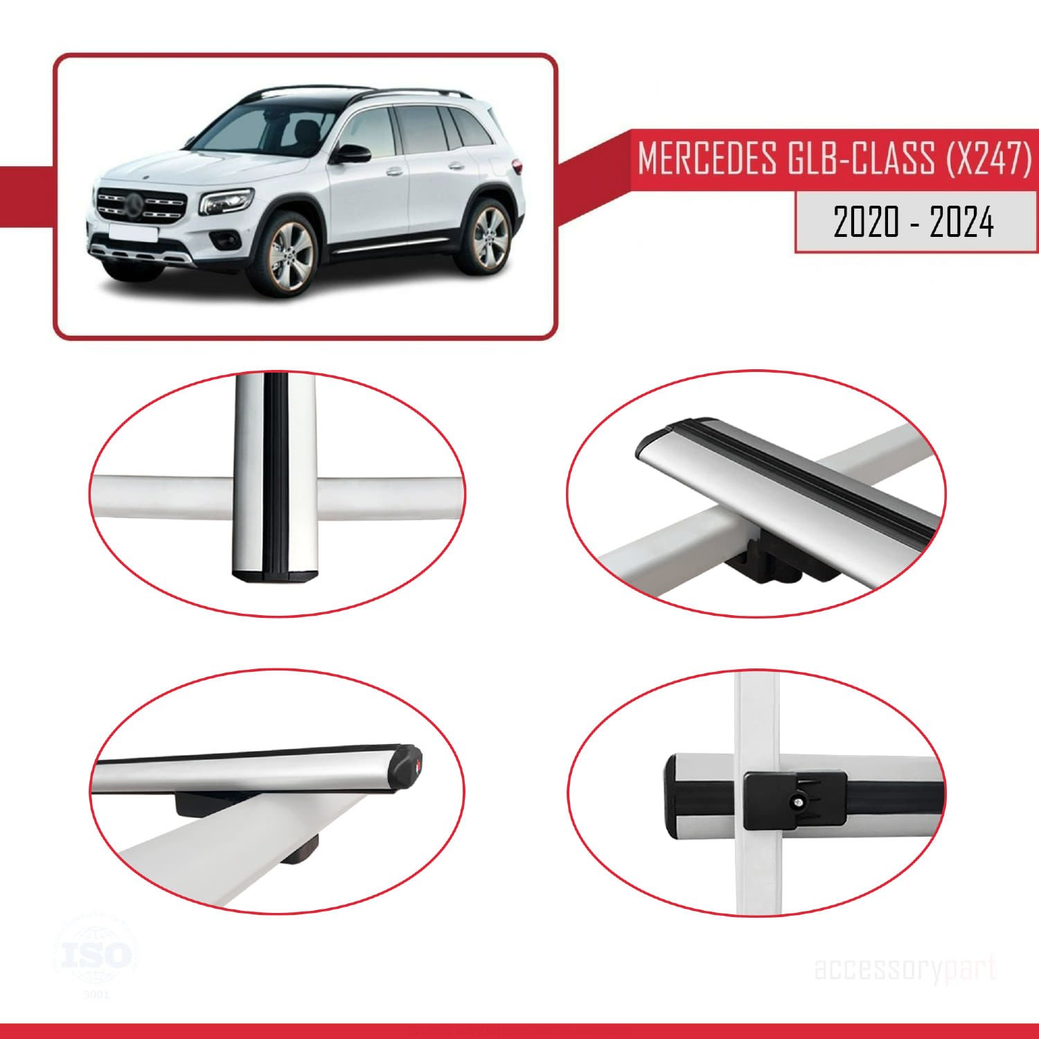 Mercedes GLB-Class (X247) 2020 ve Sonrası ile uyumlu Basic Model Ara Atkı Tavan Barı GRİ 3 ADET