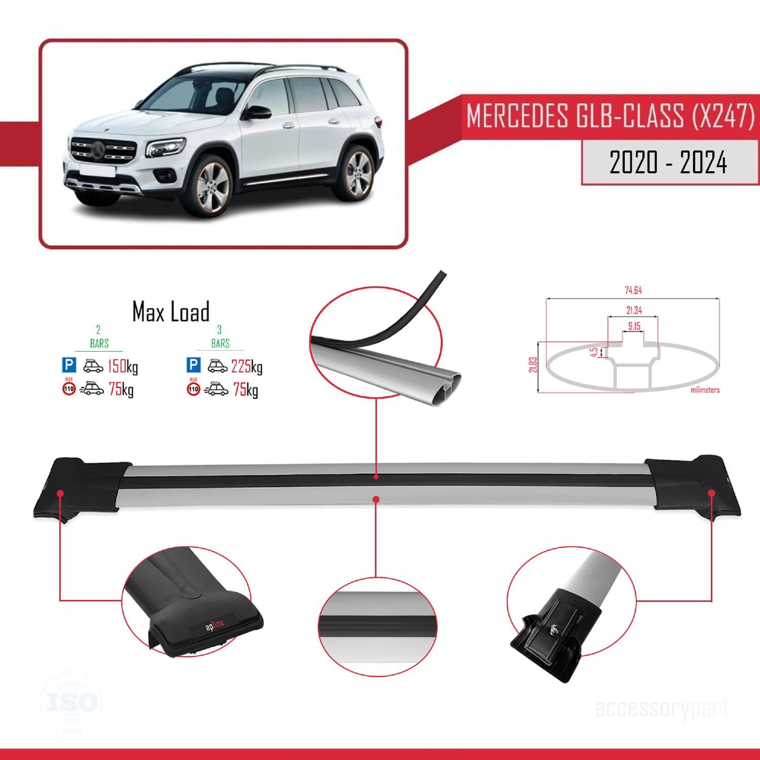 Mercedes GLB-Class (X247) 2020 ve Sonrası ile Uyumlu FLY Model Ara Atkı Tavan Barı GRİ