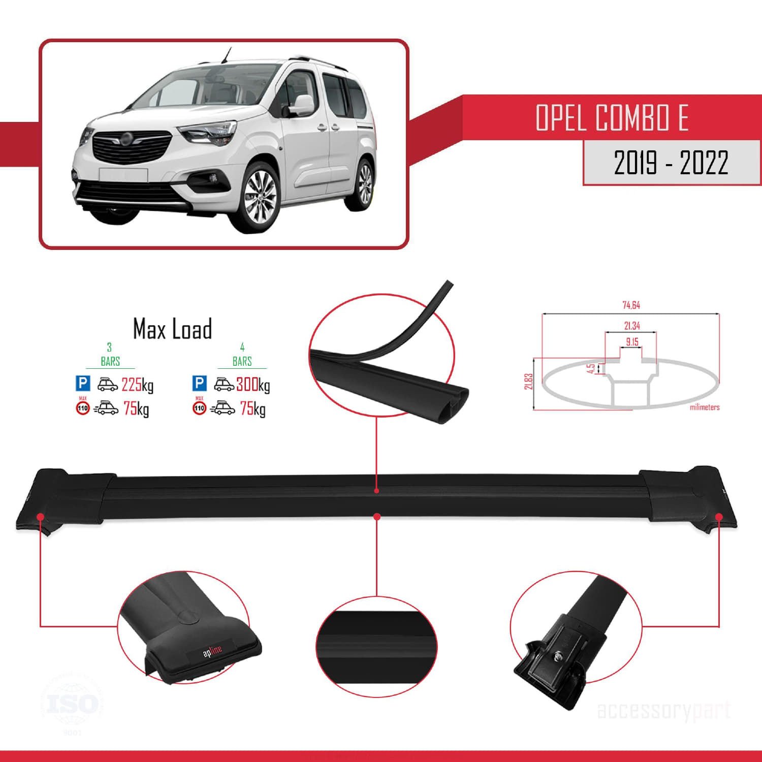 Opel Combo (E) 2019-2022 Arası ile uyumlu FLY Model Ara Atkı Tavan Barı SİYAH 4 ADET BAR