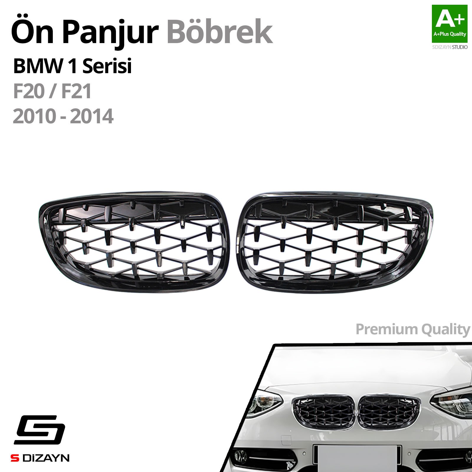 S-Dizayn Bmw 1 Serisi F20/F21 Ön Panjur Böbrek Parlak Siyah Piano Black Diamond Model 2011-2015